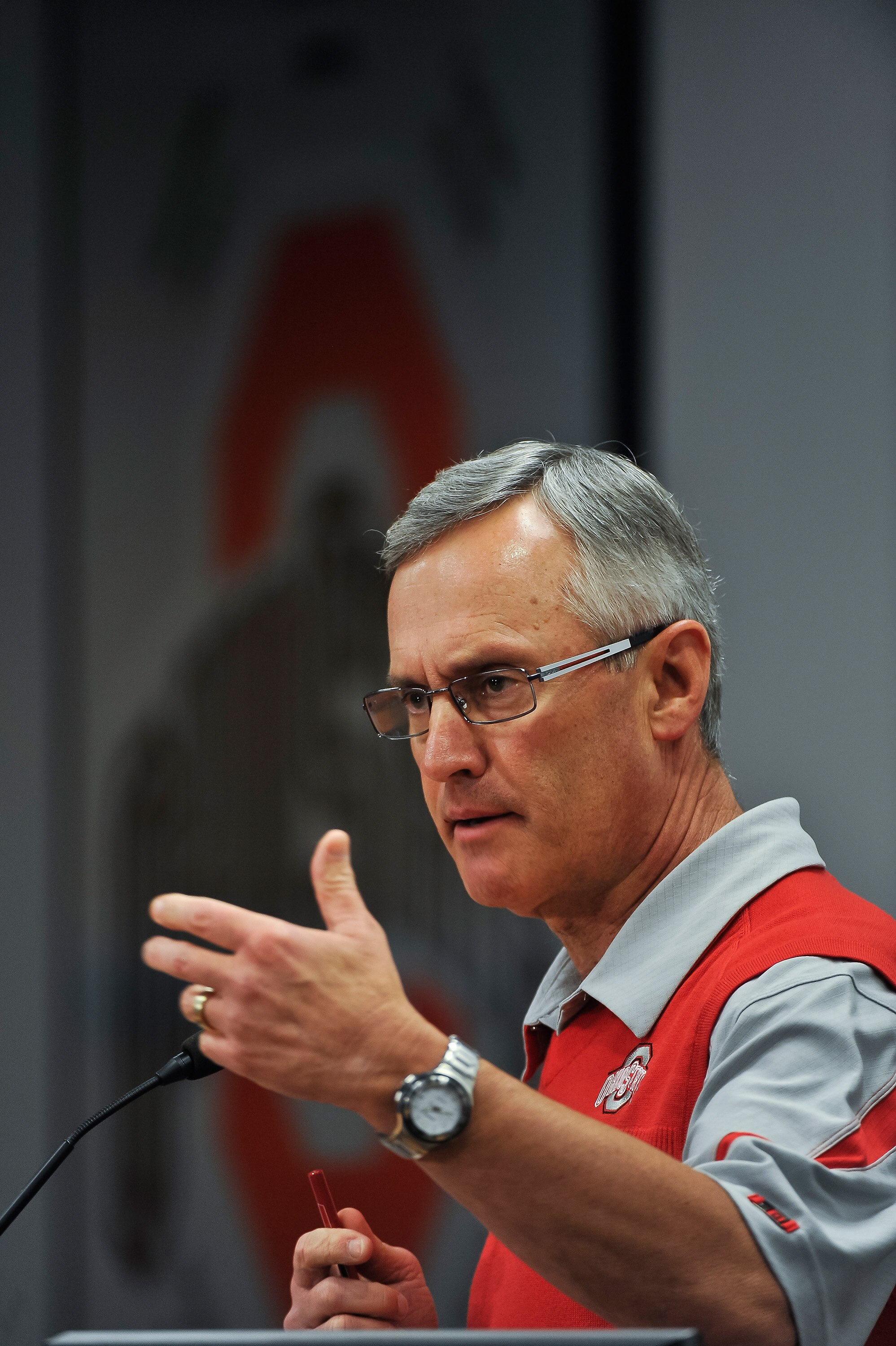 COLUMBUS, OH - MARCH 30: Head Coach Jim Tressel speaks to the media during a press conference before the start of Spring practices at the Woody Hayes Athletic Center at The Ohio State University on March 30, 2011 in Columbus, Ohio. (Photo by Jamie Sabau/ COLUMBUS, OH - MARCH 30: Head Coach Jim Tressel speaks to the media during a press conference before the start of Spring practices at the Woody Hayes Athletic Center at The Ohio State University on March 30, 2011 in Columbus, Ohio. (Photo by Jamie Sabau/