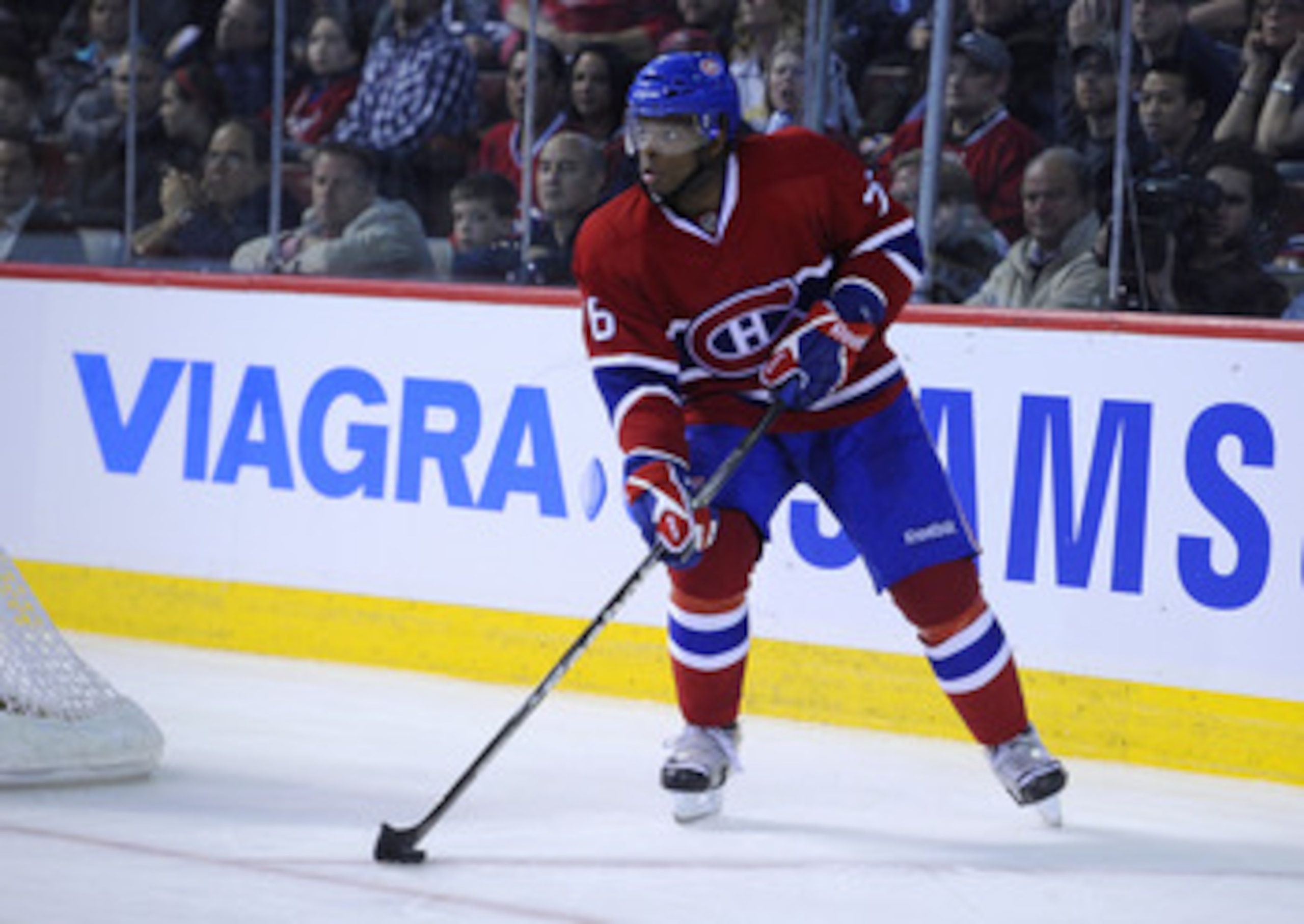 MONTREAL, CANADA - APRIL 21:  P.K. Subban #76 of the Montreal Canadiens skates up ice with the puck in Game Four of the Eastern Conference Quarterfinals against the Boston Bruins during the 2011 NHL Stanley Cup Playoffs at the Bell Centre on April 21, 201