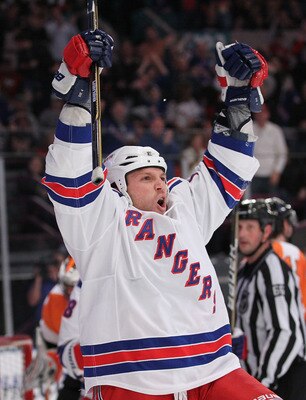 NEW YORK - MARCH 06:  Sean Avery #16 of the New York Rangers celebrates a goal that was called back against the Philadelphia Flyers during their game on March 6, 2011 at Madison Square Garden in New York City, New York.  (Photo by Al Bello/Getty Images)