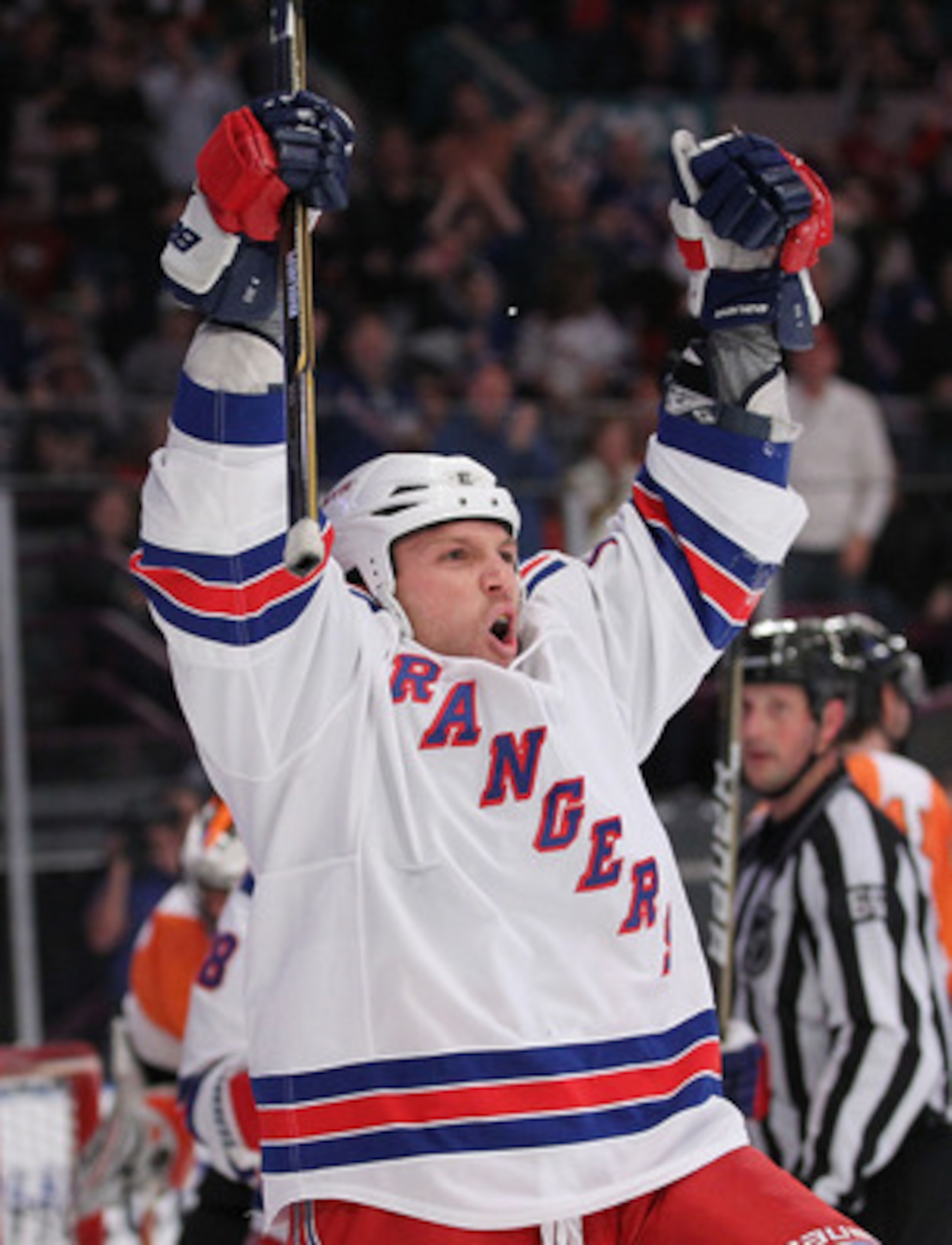 NEW YORK - MARCH 06:  Sean Avery #16 of the New York Rangers celebrates a goal that was called back against the Philadelphia Flyers during their game on March 6, 2011 at Madison Square Garden in New York City, New York.  (Photo by Al Bello/Getty Images)