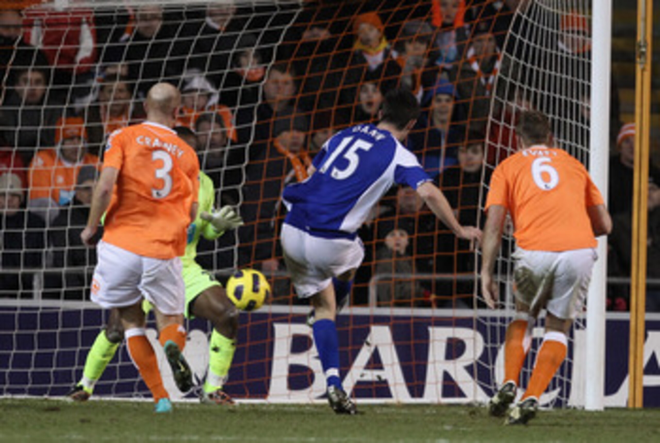 BLACKPOOL, ENGLAND - JANUARY 04: Scott Dann of Birmingham City scores the winning goal during the Barclays Premier League match between Blackpool and Birmingham City at Bloomfield Road on January 4, 2011 in Blackpool, England. (Photo by Alex Livesey/Get BLACKPOOL, ENGLAND - JANUARY 04: Scott Dann of Birmingham City scores the winning goal during the Barclays Premier League match between Blackpool and Birmingham City at Bloomfield Road on January 4, 2011 in Blackpool, England. (Photo by Alex Livesey/Get