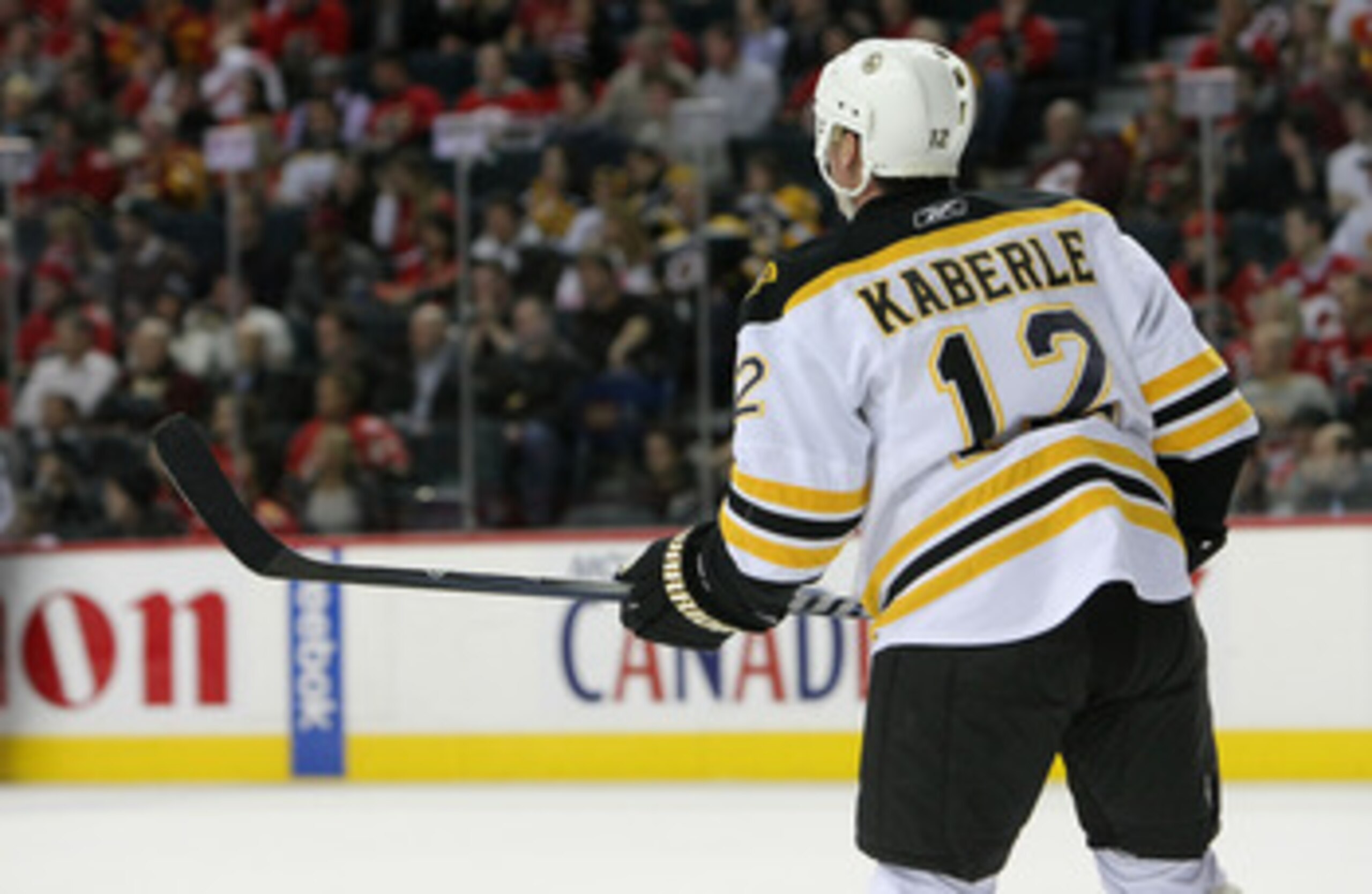 CALGARY,CANADA - FEBRUARY 22:  Tomas Kaberle #12 of the Boston Bruins skates against the Calgary Flames during their NHL game at Scotiabank Saddledome, February 22,2011 in Calgary, Alberta, Canada.(Photo By Dave Sandford/Getty Images)