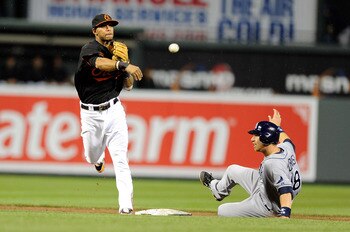 BALTIMORE, MD - MAY 06:  Ben Zobrist #18 of the Tampa Bay Rays is forced out at second base by Robert Andino #11 of the Baltimore Orioles at Oriole Park at Camden Yards on May 6, 2011 in Baltimore, Maryland.  (Photo by Greg Fiume/Getty Images)