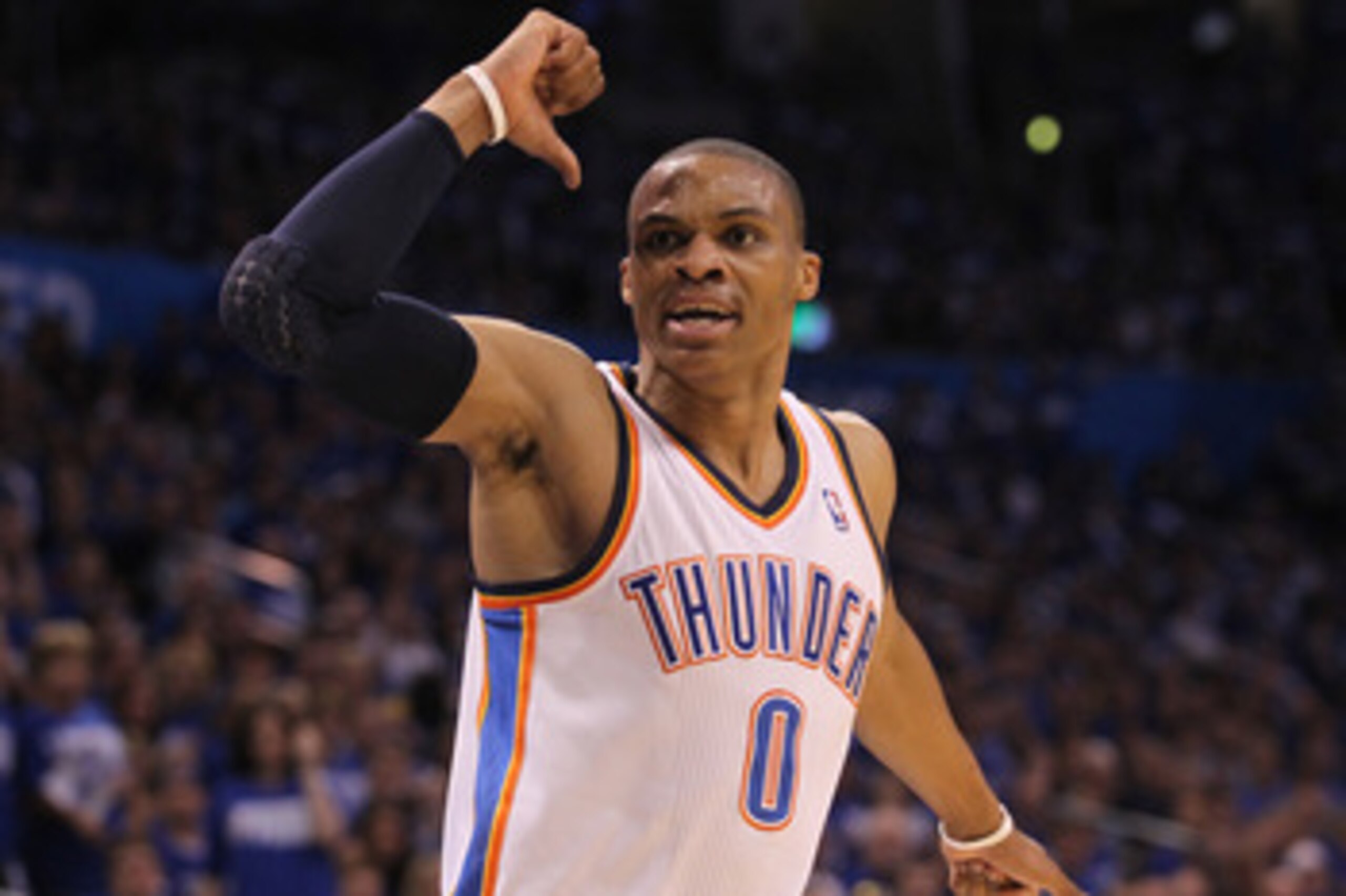 OKLAHOMA CITY, OK - MAY 21: (C) Russell Westbrook #0 of the Oklahoma City Thunder looks on in the second half while taking on the Dallas Mavericks in Game Three of the Western Conference Finals during the 2011 NBA Playoffs at Oklahoma City Arena on May 2 OKLAHOMA CITY, OK - MAY 21: (C) Russell Westbrook #0 of the Oklahoma City Thunder looks on in the second half while taking on the Dallas Mavericks in Game Three of the Western Conference Finals during the 2011 NBA Playoffs at Oklahoma City Arena on May 2