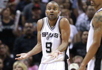 SAN ANTONIO, TX - APRIL 27:  Tony Parker #9 of the San Antionio Spurs reacts to a call during the game against the Memphis Grizzlies in Game Five of the Western Conference Quarterfinals in the 2011 NBA Playoffs on April 27, 2011 at AT&T Center in San Anto