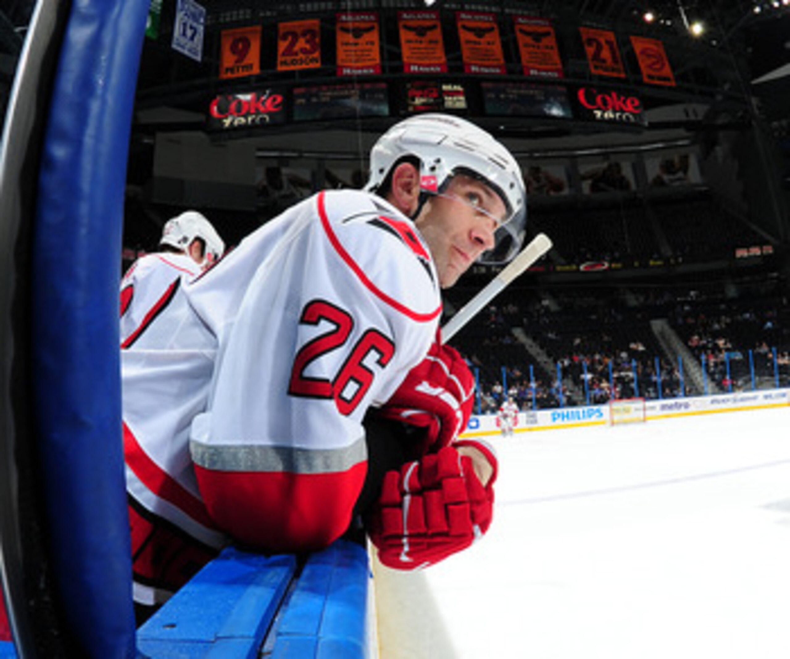 ATLANTA - SEPTEMBER 25: Erik Cole #26 of the Carolina Hurricanes watches the action against the Atlanta Thrashers at Philips Arena on September 25, 2010 in Atlanta, Georgia. The Hurricanes won 1-0. (Photo by Scott Cunningham/Getty Images)