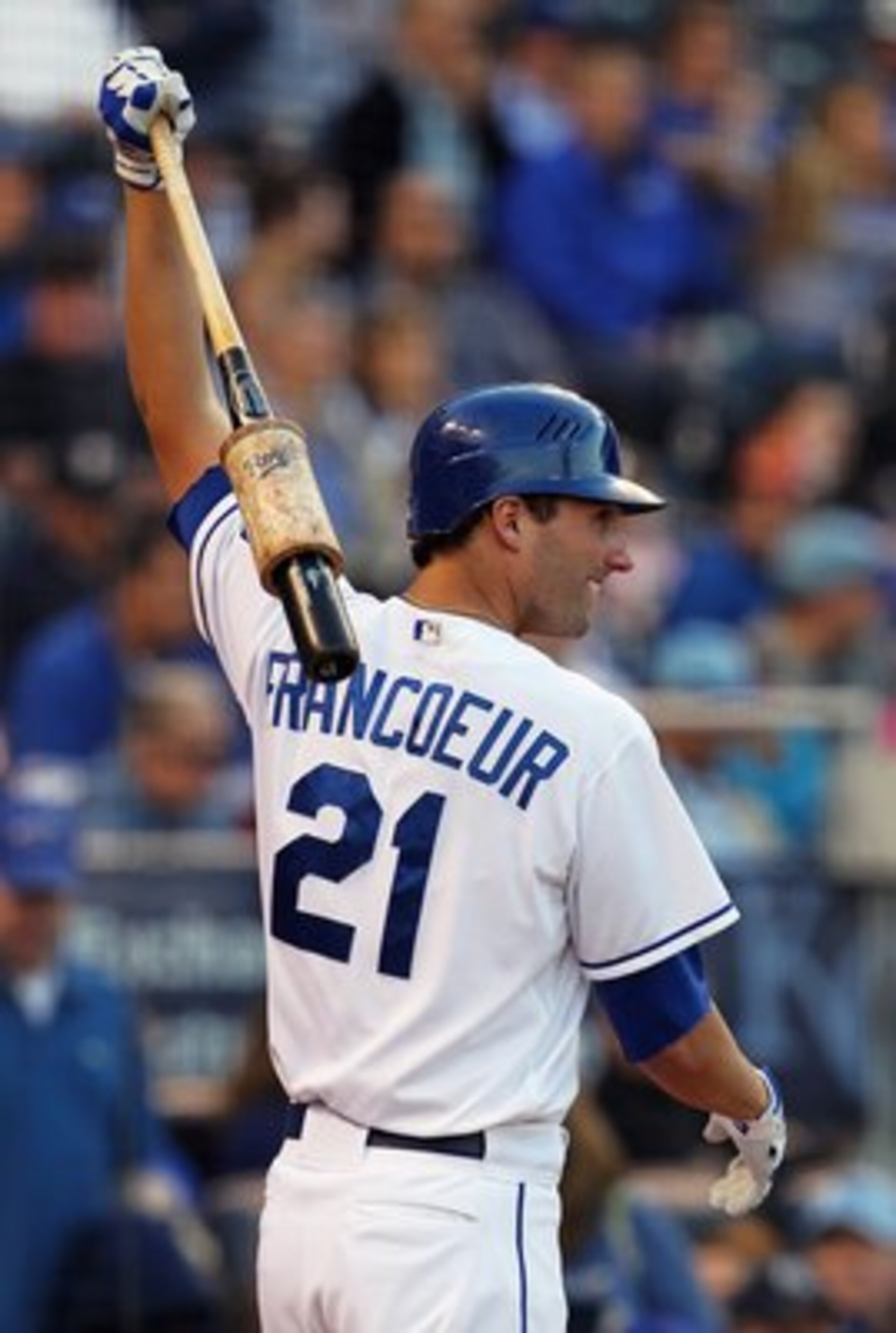 KANSAS CITY, MO - MAY 16:  Jeff Francoeur #21 of the Kansas City Royals warms up in the on-deck circle during the game against the Cleveland Indians on May 16, 2011 at Kauffman Stadium in Kansas City, Missouri.  (Photo by Jamie Squire/Getty Images)