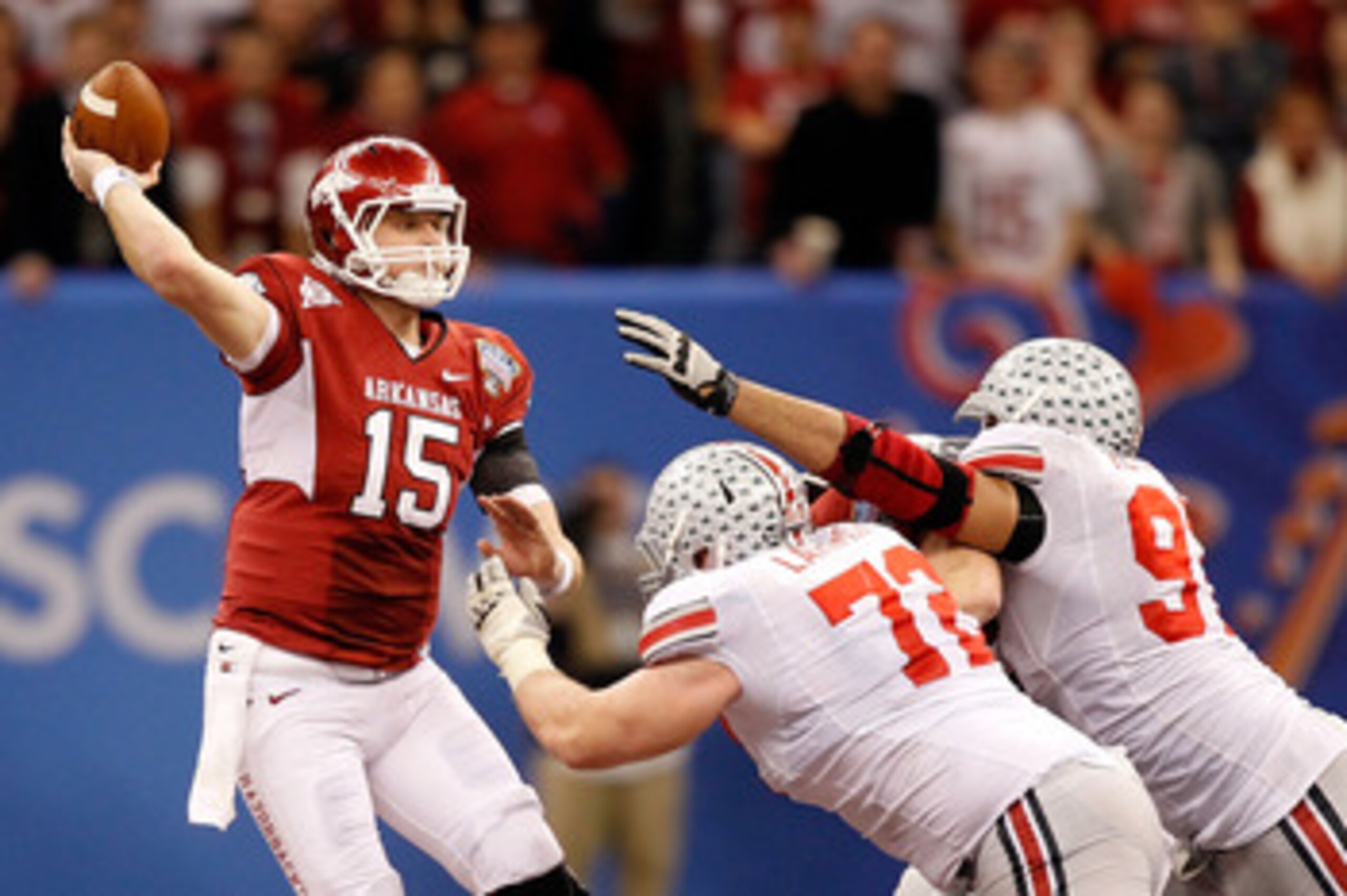 NEW ORLEANS, LA - JANUARY 04: Quarterback Ryan Mallett #15 of the Arkansas Razorbacks looks to pass against the Ohio State Buckeyes during the Allstate Sugar Bowl at the Louisiana Superdome on January 4, 2011 in New Orleans, Louisiana. (Photo by Matthew NEW ORLEANS, LA - JANUARY 04: Quarterback Ryan Mallett #15 of the Arkansas Razorbacks looks to pass against the Ohio State Buckeyes during the Allstate Sugar Bowl at the Louisiana Superdome on January 4, 2011 in New Orleans, Louisiana. (Photo by Matthew