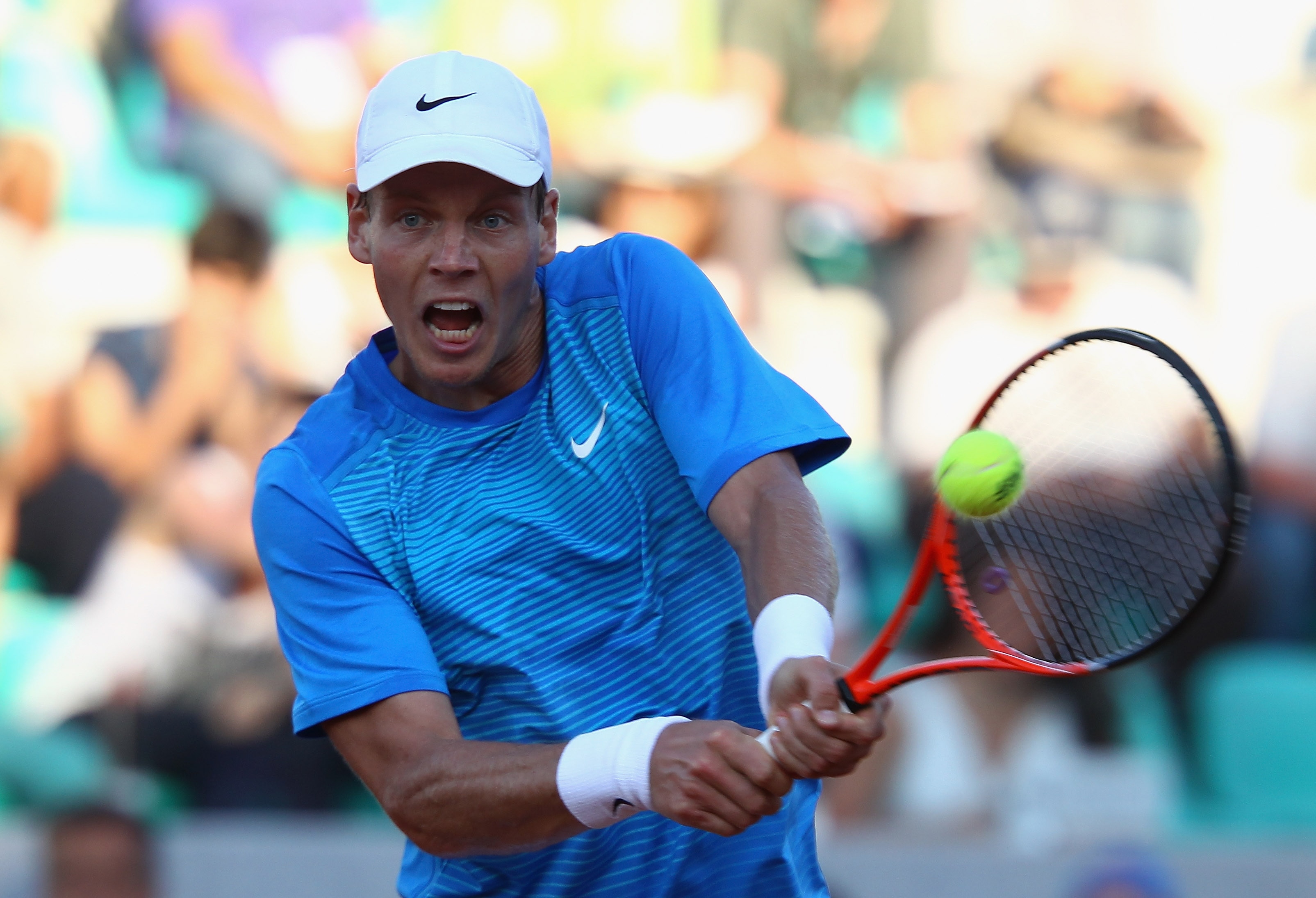 ROME, ITALY - MAY 13: Tomas Berdych of Czech Republic plays a backhand during his quarter final match against Richard Gasquet of France during day six of the Internazoinali BNL D'Italia at the Foro Italico Tennis Centre on May 13, 2011 in Rome, Italy. ROME, ITALY - MAY 13: Tomas Berdych of Czech Republic plays a backhand during his quarter final match against Richard Gasquet of France during day six of the Internazoinali BNL D'Italia at the Foro Italico Tennis Centre on May 13, 2011 in Rome, Italy.