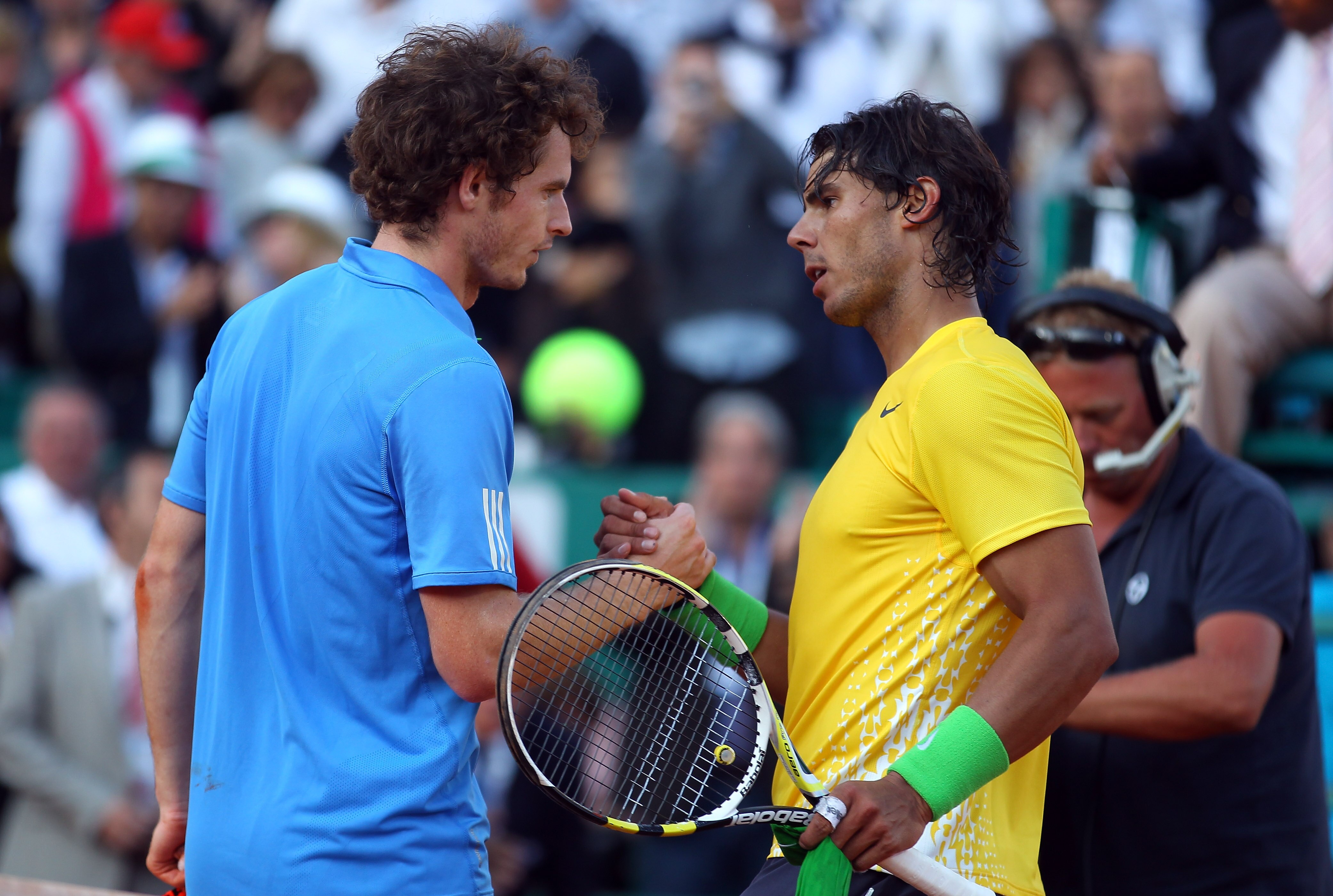 MONACO - APRIL 16:  Andy Murray of Great Britain congratulates Rafael Nadal of Spain after Nadal won in 3 sets during Day Seven of the ATP Masters Series Tennis at the Monte Carlo Country Club on April 16, 2011 in Monte Carlo, Monaco.  (Photo by Julian Fi