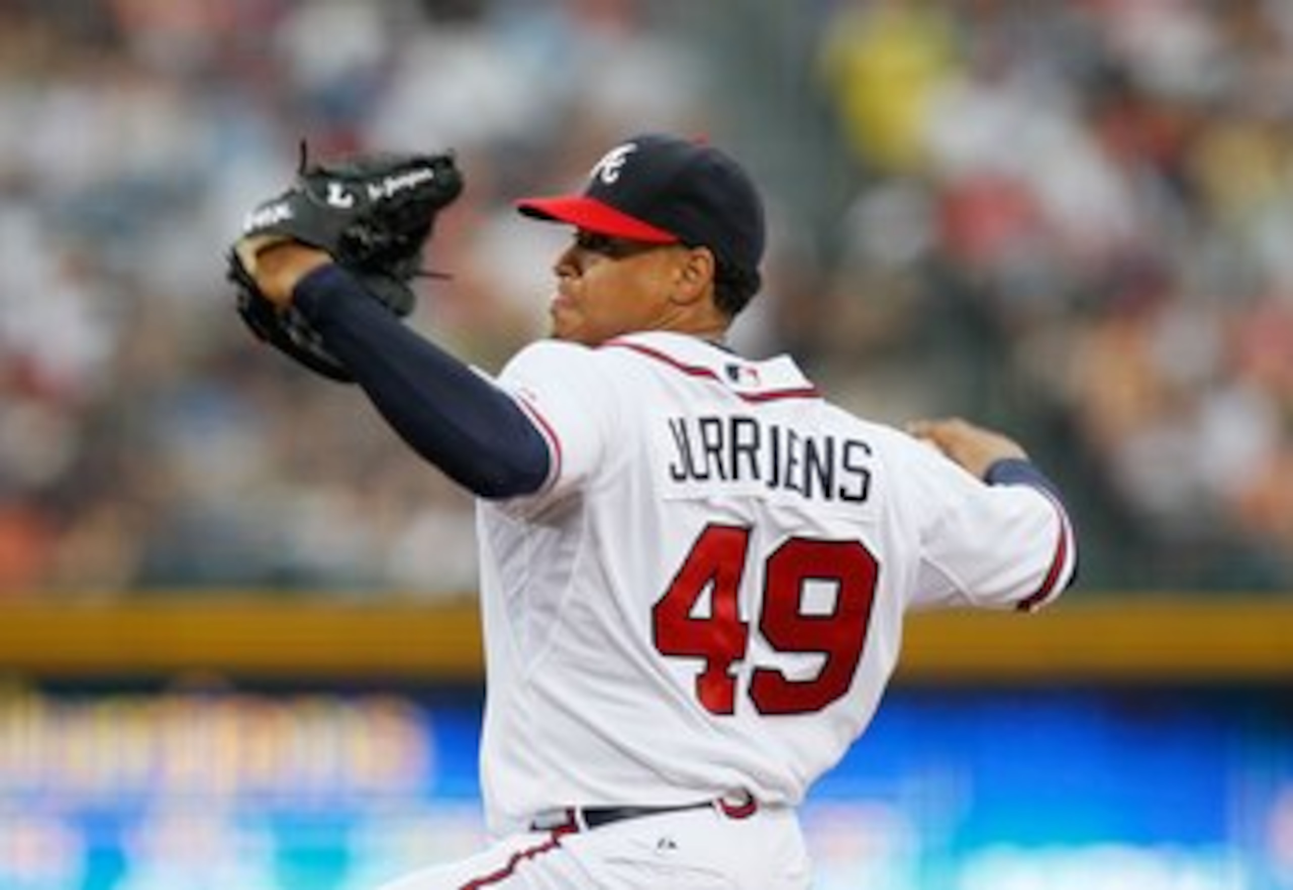 ATLANTA - JUNE 30:  Pitcher Jair Jurrjens #49 of the Atlanta Braves against the Washington Nationals at Turner Field on June 30, 2010 in Atlanta, Georgia.  (Photo by Kevin C. Cox/Getty Images)