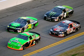DAYTONA BEACH, FL - FEBRUARY 06:  Danica Patrick #7 leads a group of cars during the ARCA Racing Series Lucas Oil Slick Mist 200 at Daytona International Speedway on February 6, 2010 in Daytona Beach, Florida.  (Photo by John Harrelson/Getty Images)