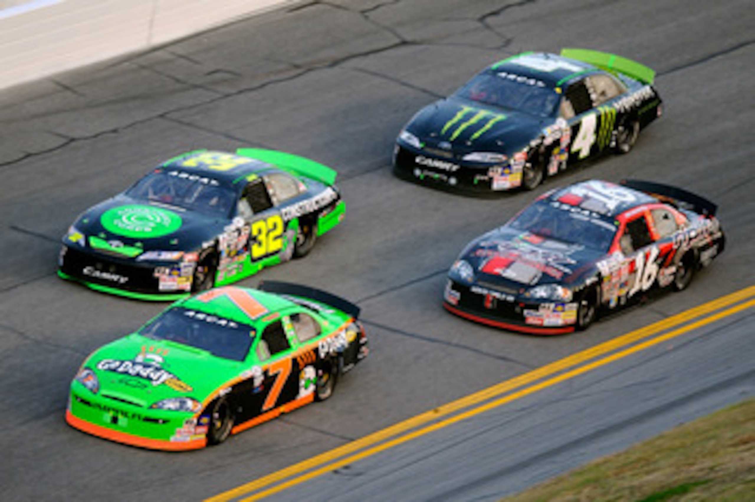 DAYTONA BEACH, FL - FEBRUARY 06:  Danica Patrick #7 leads a group of cars during the ARCA Racing Series Lucas Oil Slick Mist 200 at Daytona International Speedway on February 6, 2010 in Daytona Beach, Florida.  (Photo by John Harrelson/Getty Images)