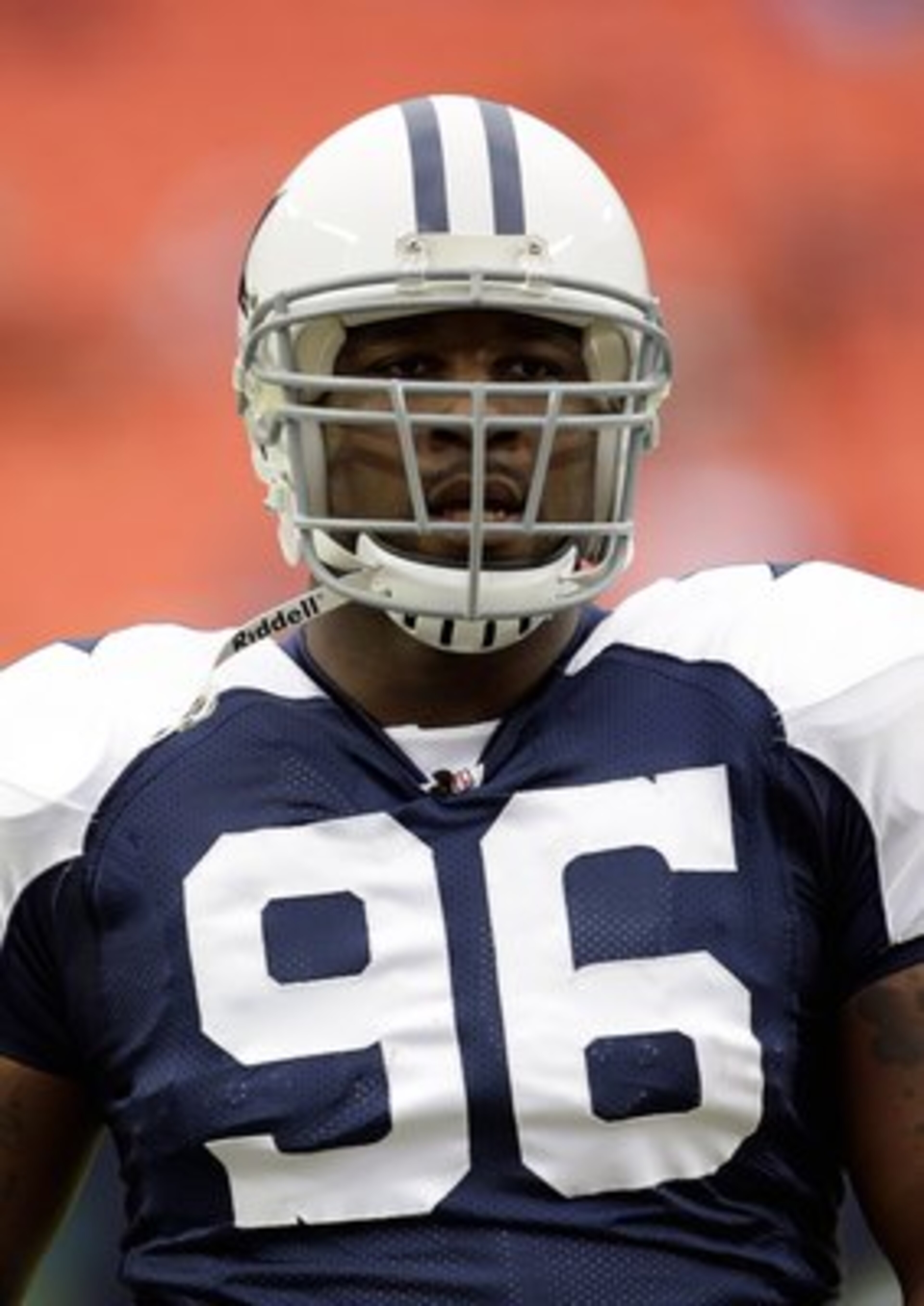 KANSAS CITY, MO - OCTOBER 11:  Marcus Spears #96 of the Dallas Cowboys looks on during warm-up prior to the NFL game against the Kansas City Chiefs at Arrowhead Stadiumin on October 11, 2009 Kansas City, Missouri. The Cowboys defeated the Chiefs 26-20 in 