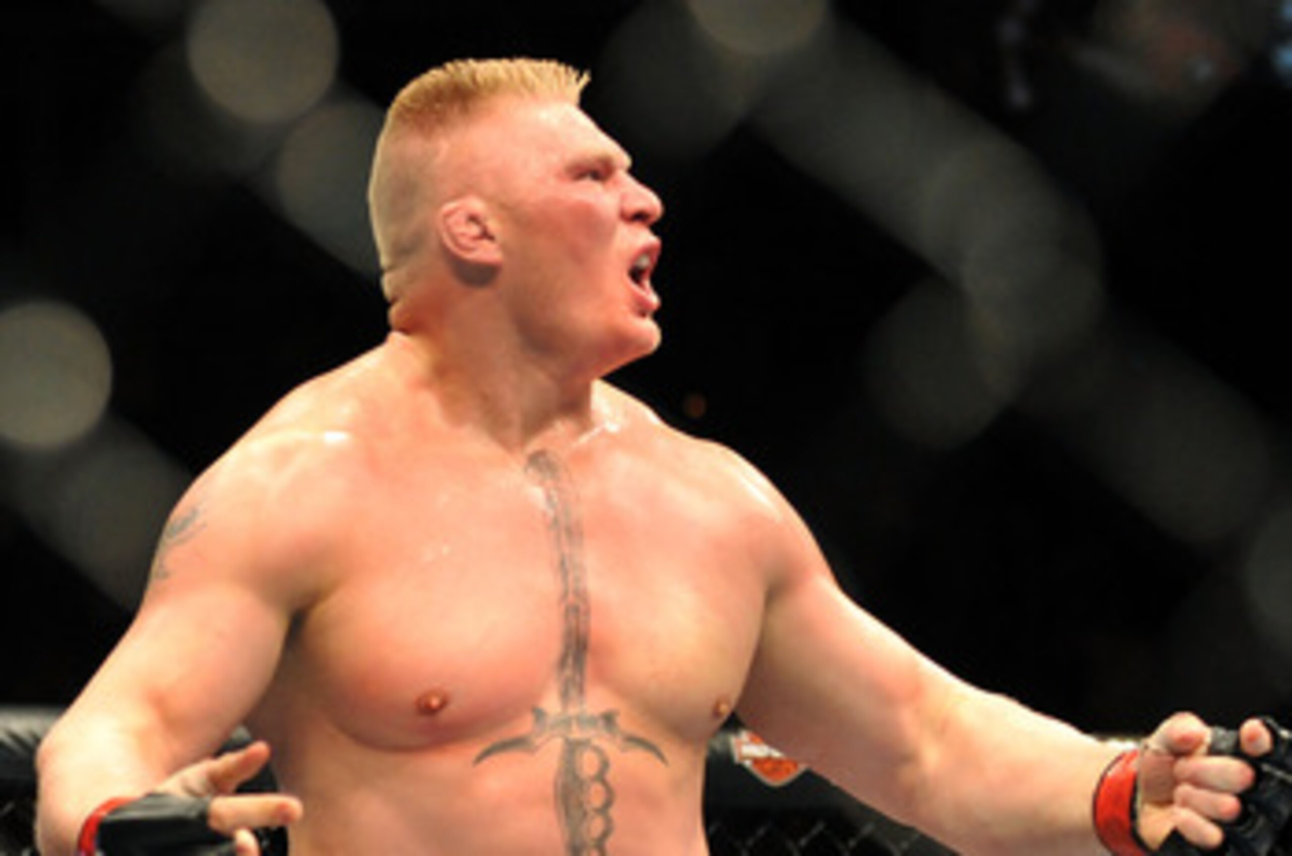 LAS VEGAS - JULY 11:  Brock Lesnar reacts after knocking out Frank Mir during their heavyweight title bout during UFC 100 on July 11, 2009 in Las Vegas, Nevada.  (Photo by Jon Kopaloff/Getty Images)