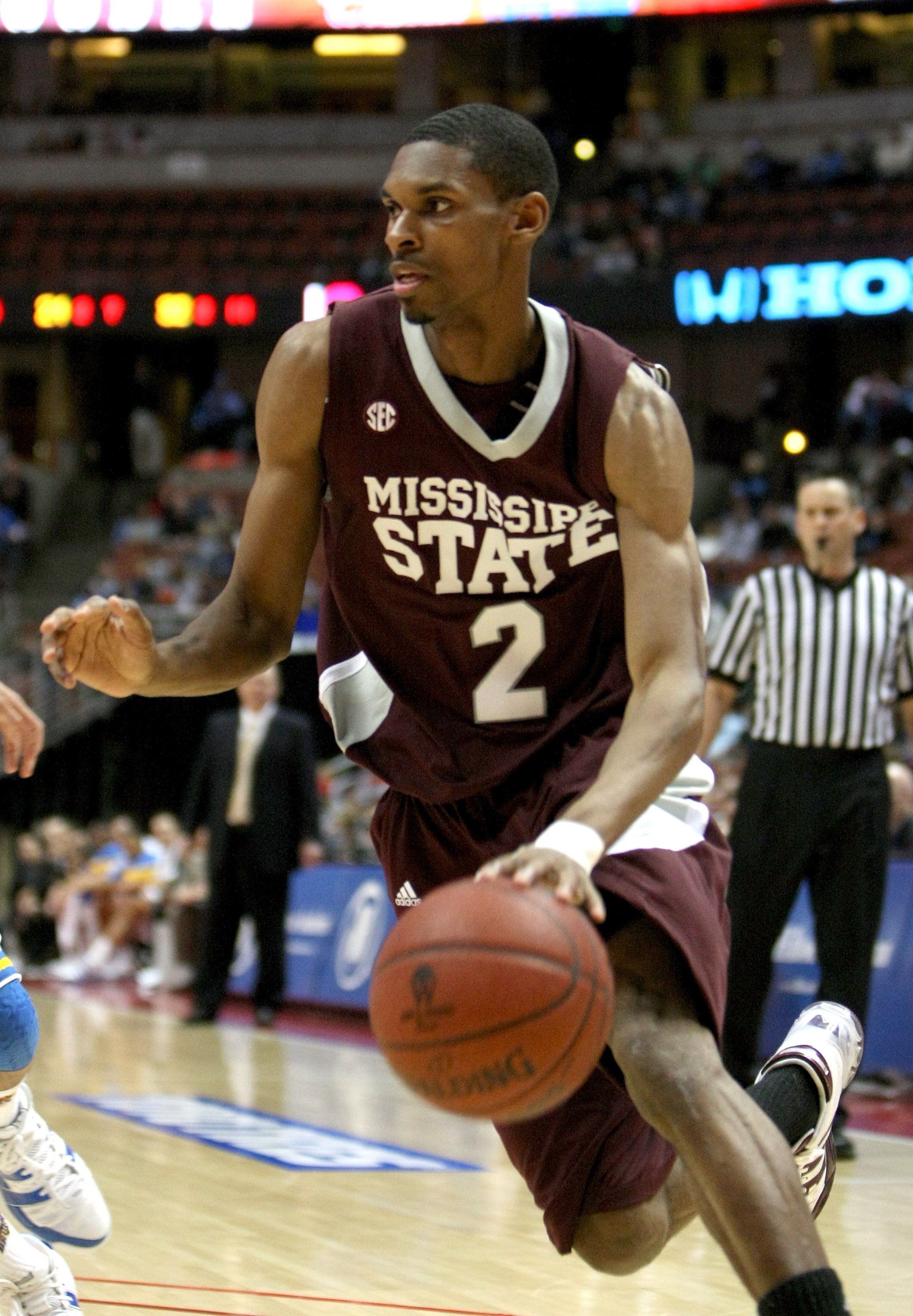 ANAHEIM, CA - DECEMBER 12:  Ravern Johnson #2 of the Mississippi State Bulldogs drives against the UCLA Bruins in the John Wooden Classic on December 12, 2009 at the Honda Center in Anaheim, California. Mississippi State won 72-54. (Photo by Stephen Dunn/