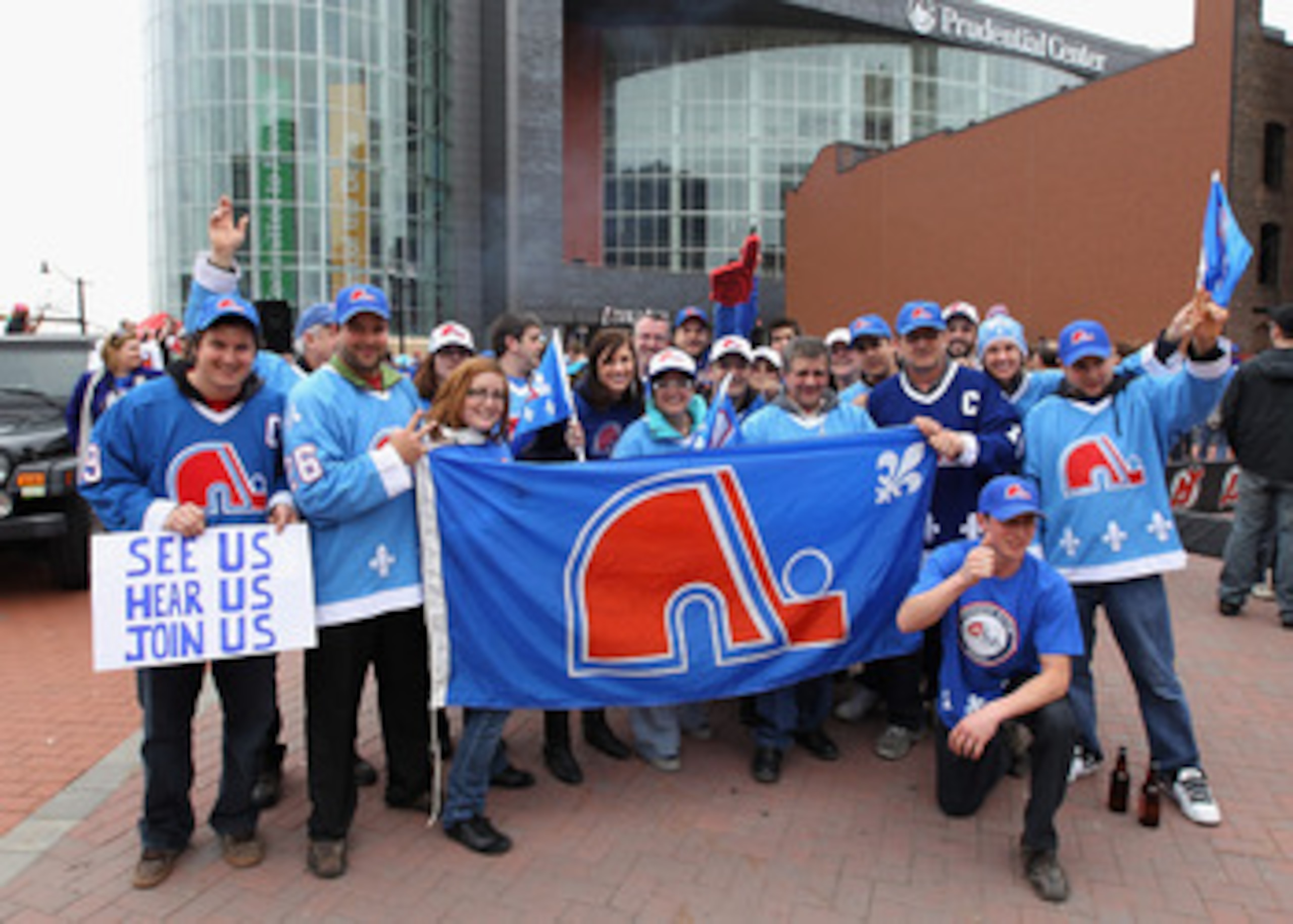 NEWARK, NJ - APRIL 10:  Members of the 'Nordiques Nation' converge on Prudential Center prior to the game between the New Jersey Devils and the Boston Bruins on April 10, 2011 in Newark, New Jersey.  (Photo by Bruce Bennett/Getty Images)
