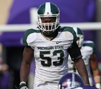 EVANSTON, IL - OCTOBER 23: Greg Jones #53 of the Michigan State Spartans awaits the start of play against the Northwestern Wildcats at Ryan Field on October 23, 2010 in Evanston, Illinois. Michigan State defeated Northwestern 35-27. (Photo by Jonathan Dan