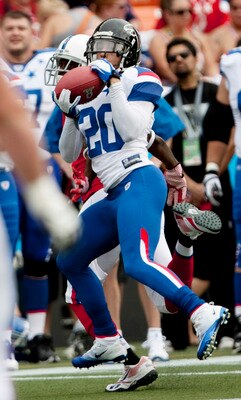 HONOLULU - JANUARY 30:  Brent Grimes #20 of the Atlanta Falcons catches a pass during the 2011 NFL Pro Bowl against the American Football Conference (AFC) at Aloha Stadium on January 30, 2011 in Honolulu, Hawaii.  (Photo by Kent Nishimura/Getty Images)