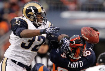 DENVER - NOVEMBER 28:  Corner back Bradley Fletcher #32 of the St. Louis Rams breaks up a pass intended for wide receiver Brandon Lloyd #84 of the Denver Broncos in the second quarter at INVESCO Field at Mile High on November 28, 2010 in Denver, Colorado.
