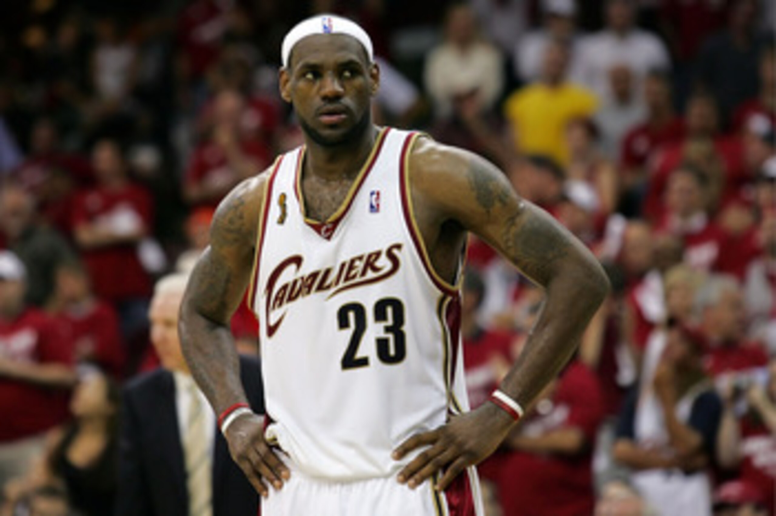 CLEVELAND - JUNE 14:  LeBron James #23 of the Cleveland Cavaliers looks on during Game Four of the NBA Finals against the San Antonio Spurs on June 14, 2007 at the Quicken Loans Arena in Cleveland, Ohio. NOTE TO USER: User expressly acknowledges and agree