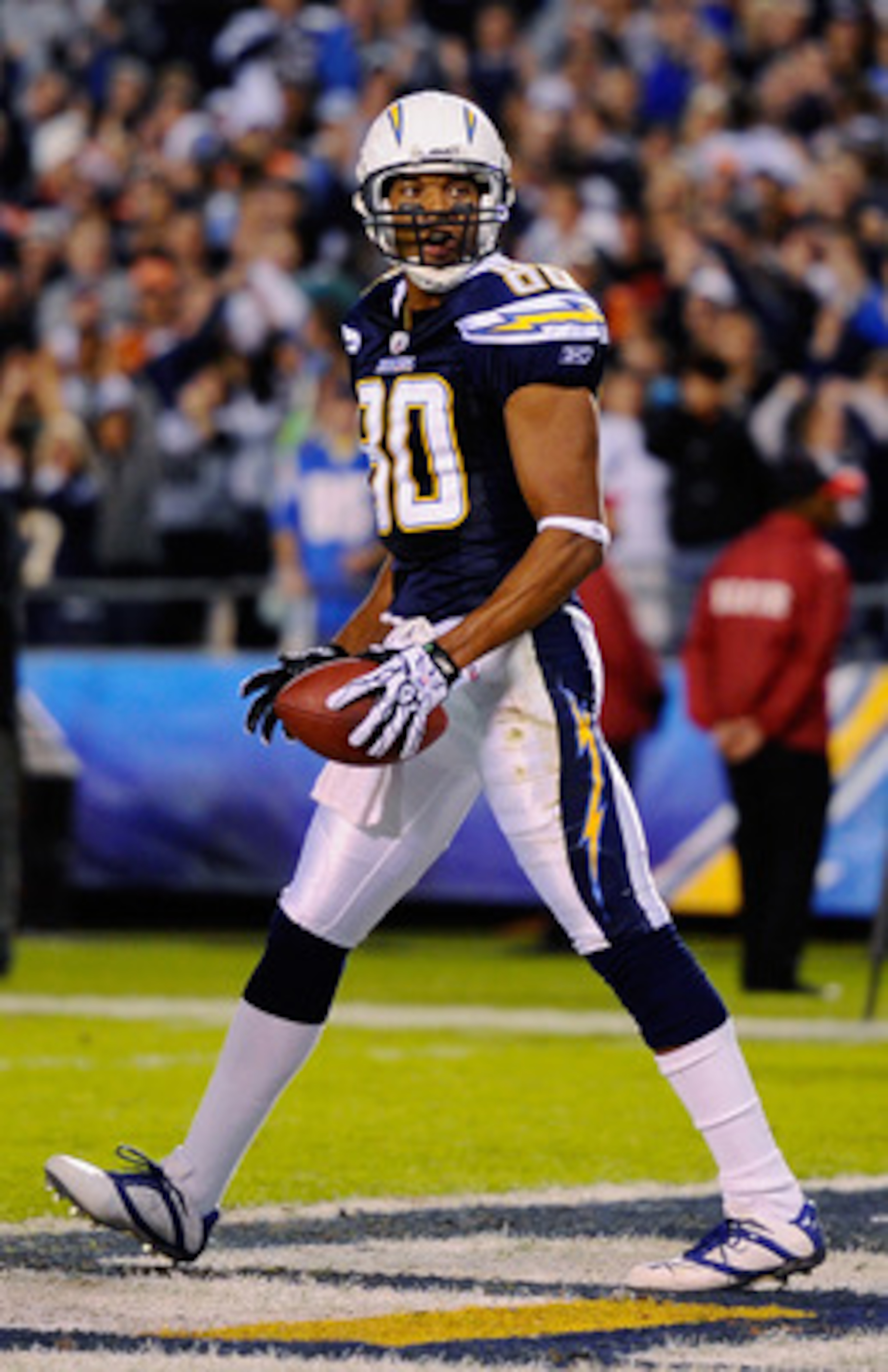 SAN DIEGO - NOVEMBER 22: Wide receiver Malcolm Floyd #80 of the San Diego Chargers after scoring a touchdown against  the Denver Broncos at Qualcomm Stadium on November 22, 2010 in San Diego, California.  Chargers defeated the Broncos, 35-14.  (Photo by K