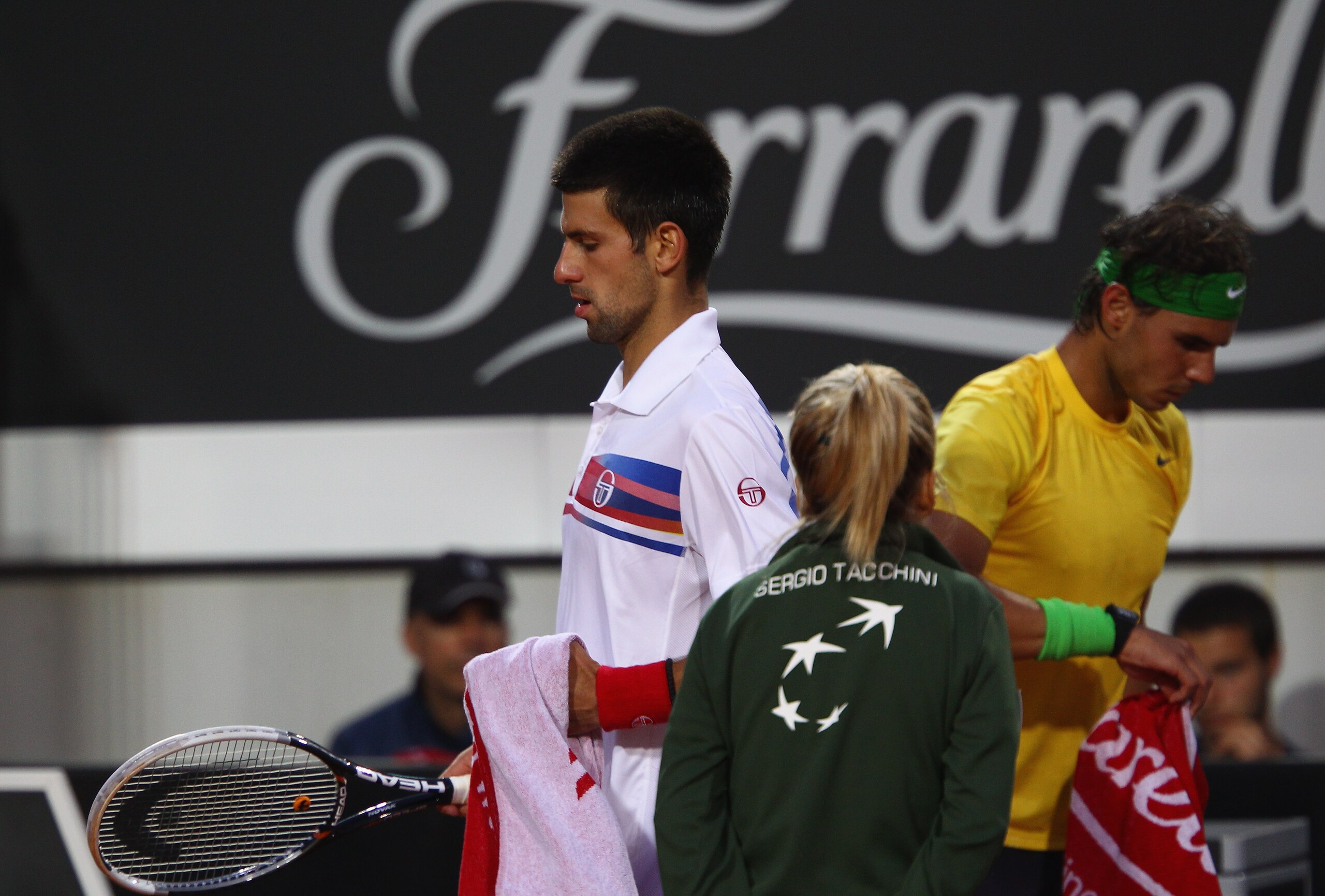 ROME, ITALY - MAY 15:  Novak Djokovic of Serbia walks from the change over during the final against Rafael Nadal of Spain during day eight of the Internazoinali BNL D'Italia at the Foro Italico Tennis Centre on May 15, 2011 in Rome, Italy.  (Photo by Cliv