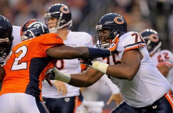 DENVER - AUGUST 30:  Offensive tackle Orlando Pace #76 of the Chicago Bears blocks against the rush of Elvis Dumervil #92 of the Denver Broncos during preseason NFL action at INVESCO Field at Mile High on August 30, 2009 in Denver, Colorado. The Bears def