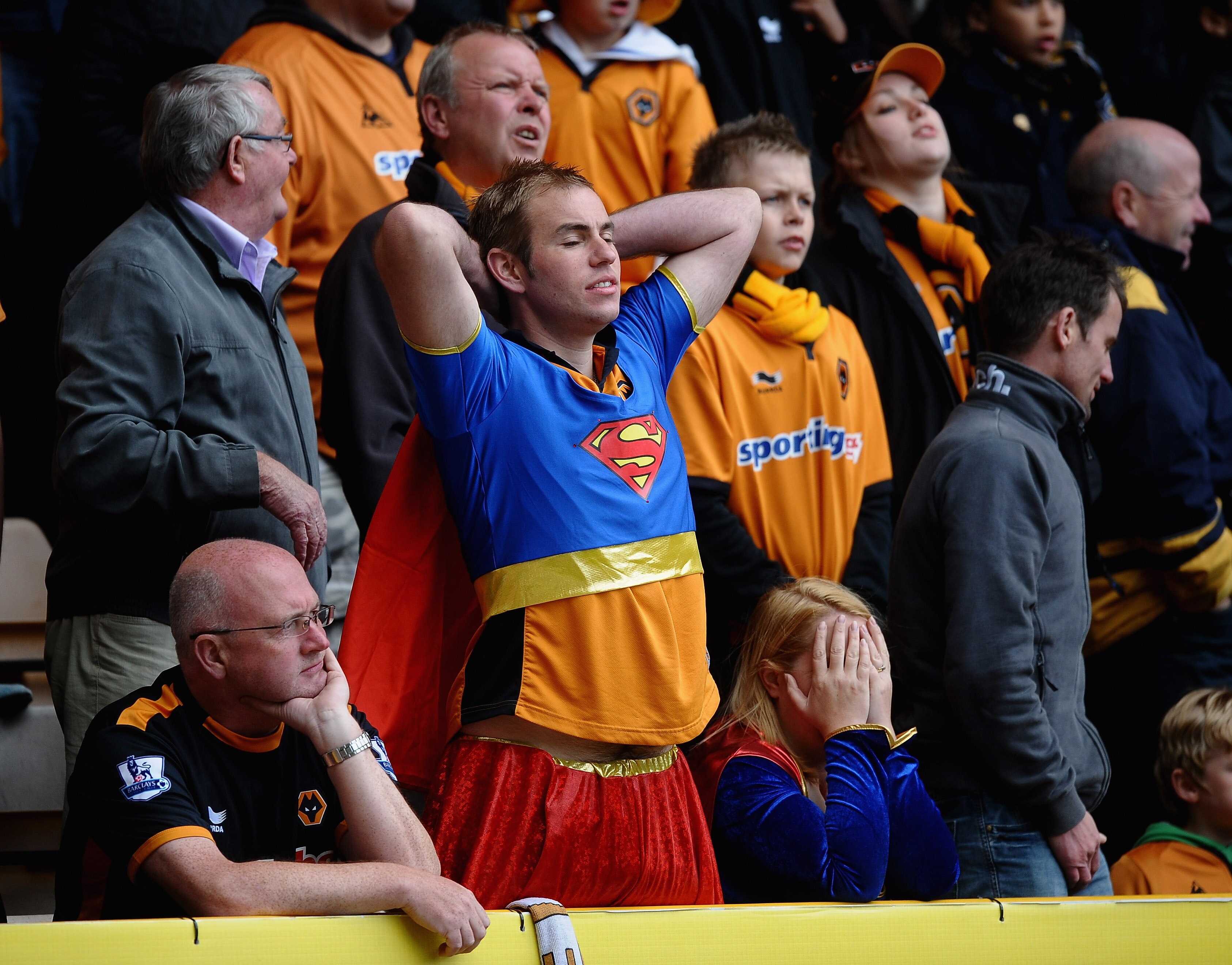 WOLVERHAMPTON, ENGLAND - MAY 22:  Wolves Fans show their dissapointment after watching their side concede three first half goals during the Barclays Premier League match between Wolverhampton Wanderers and Blackburn Rovers at Molineux on May 22, 2011 in W