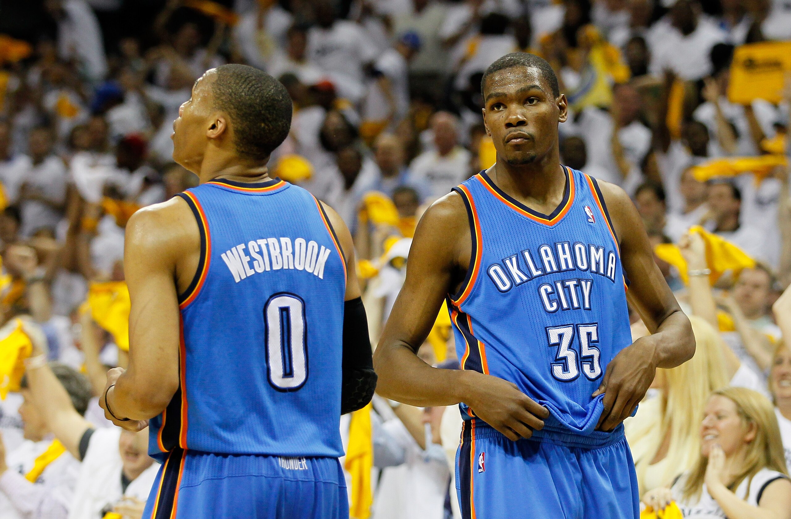 MEMPHIS, TN - MAY 13:  Russell Westbrook #0 and Kevin Durant #35 of the Oklahoma City Thunder react after their 95-83 loss to the Memphis Grizzlies in Game Six of the Western Conference Semifinals in the 2011 NBA Playoffs at FedExForum on May 13, 2011 in