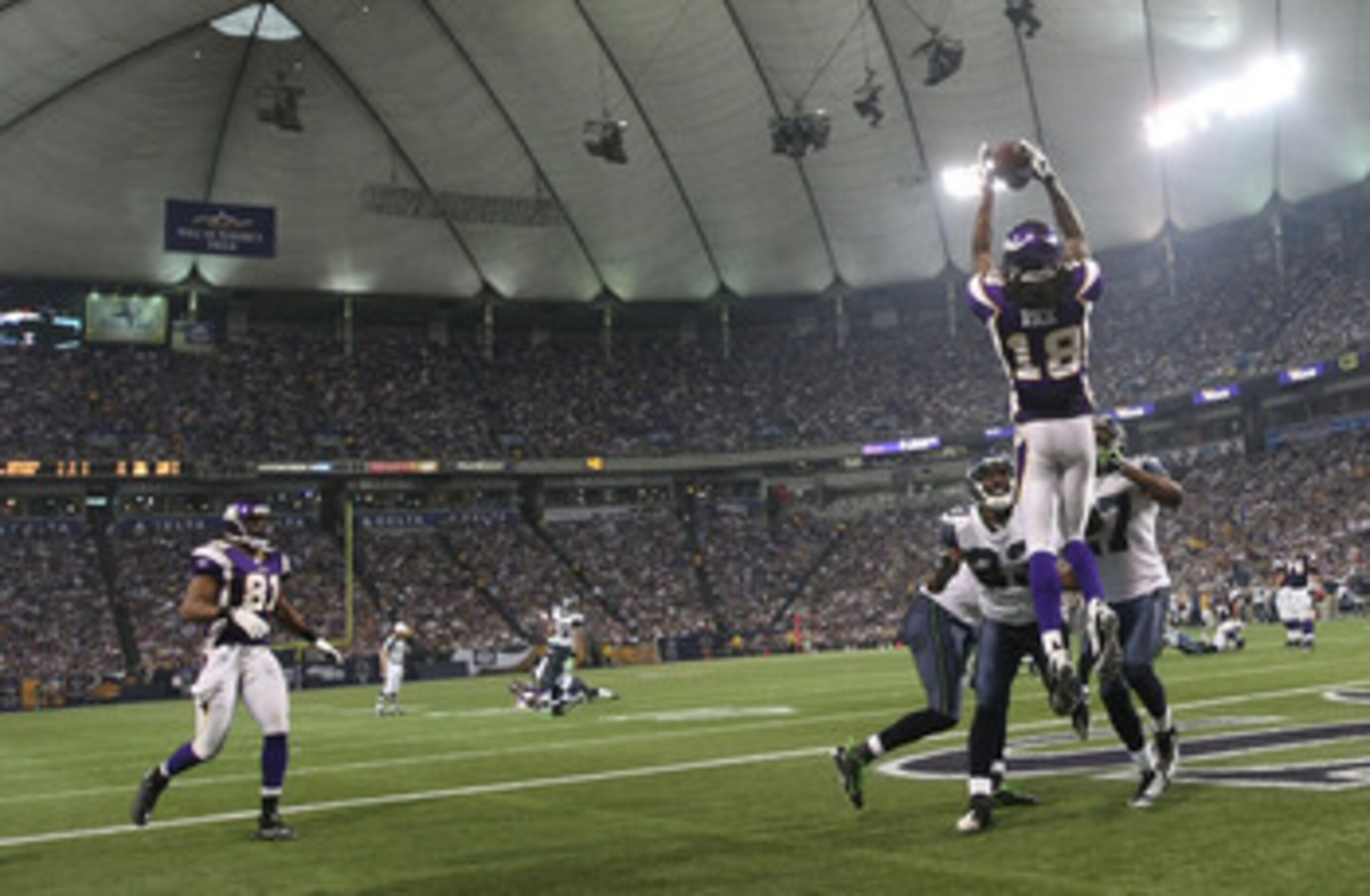 MINNEAPOLIS - NOVEMBER 22:  Sidney Rice #18 of the Minnesota Vikings catches a touchdown against the Seattle Seahawks at Hubert H. Humphrey Metrodome on November 22, 2009 in Minneapolis, Minnesota.  (Photo by Nick Laham/Getty Images)