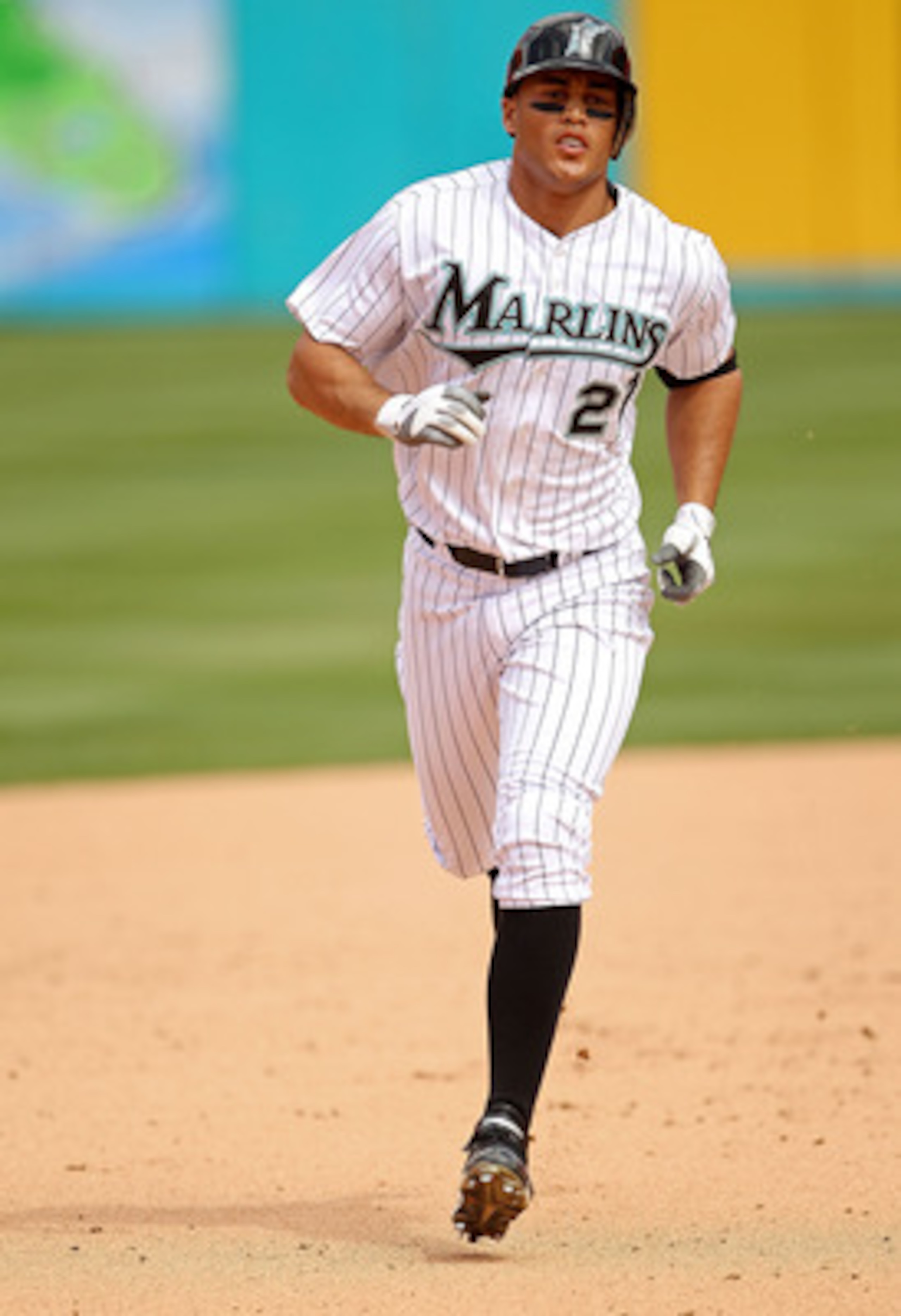 MIAMI GARDENS, FL - APRIL 24:  Mike Stanton #27 of the Florida Marlins hits a 3 run HR during a game against the Colorado Rockies at Sun Life Stadium on April 24, 2011 in Miami Gardens, Florida.  (Photo by Mike Ehrmann/Getty Images)