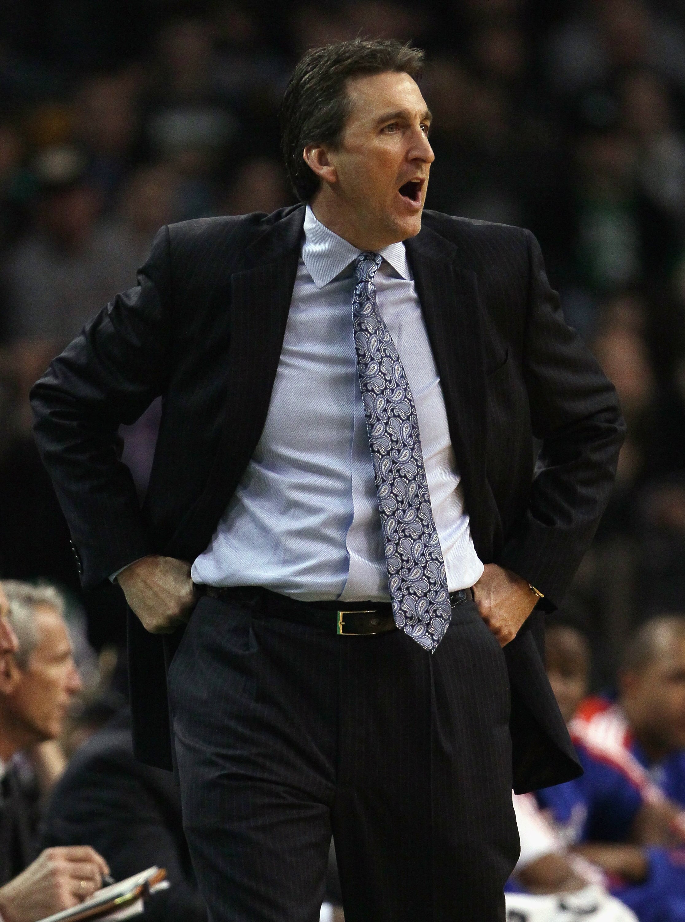 BOSTON, MA - MARCH 09: Vinny Del Negro of the Los Angeles Clippers directs his players in the first half against the Boston Celtics on March 9, 2011 at the TD Garden in Boston, Massachusetts. NOTE TO USER: User expressly acknowledges and agrees that, by d