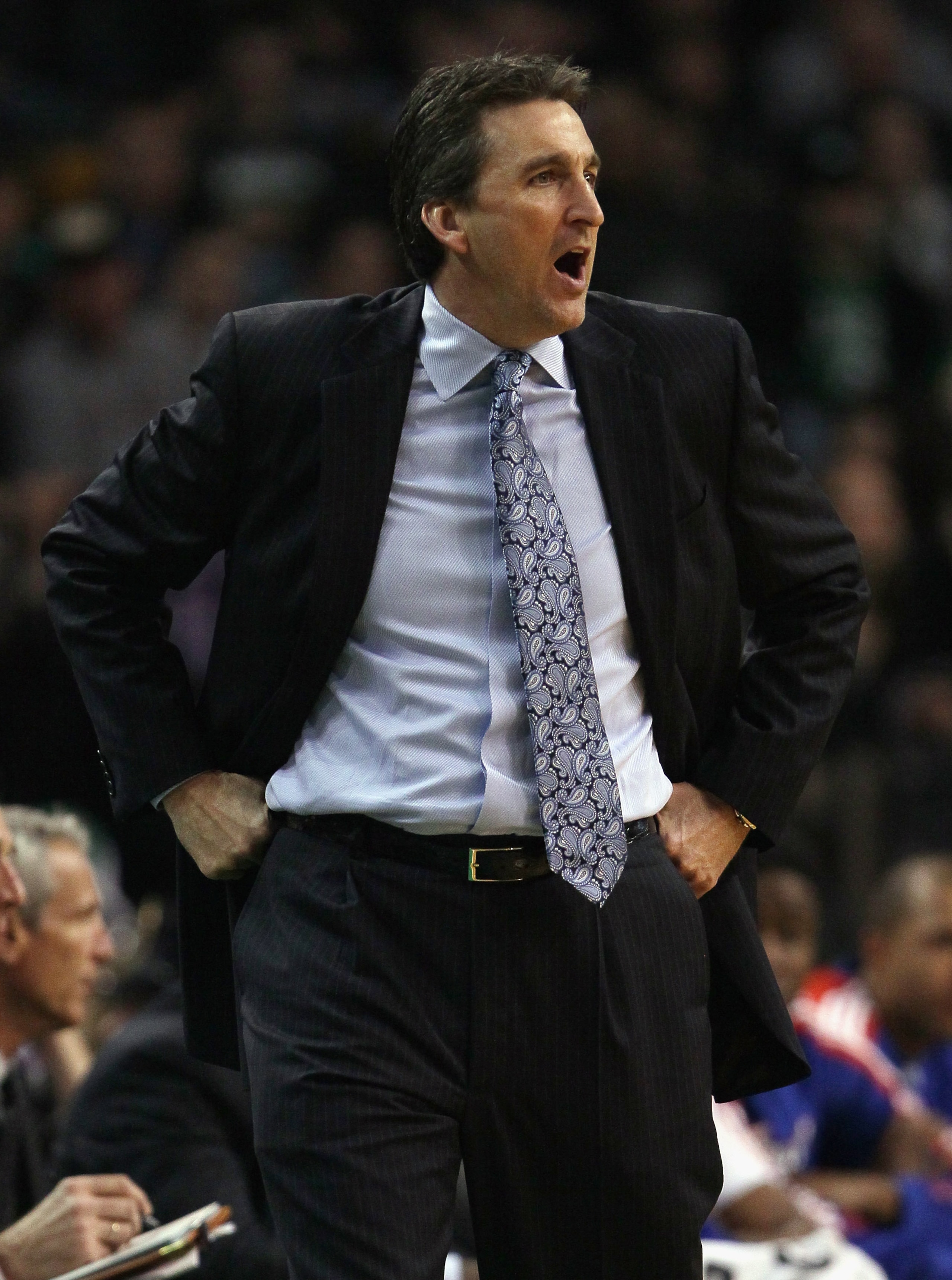 BOSTON, MA - MARCH 09: Vinny Del Negro of the Los Angeles Clippers directs his players in the first half against the Boston Celtics on March 9, 2011 at the TD Garden in Boston, Massachusetts. NOTE TO USER: User expressly acknowledges and agrees that, by d