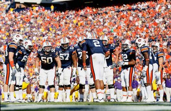 AUBURN, AL - OCTOBER 23:  Quarterback Cameron Newton #2 of the Auburn Tigers huddles the offense against the LSU Tigers at Jordan-Hare Stadium on October 23, 2010 in Auburn, Alabama.  (Photo by Kevin C. Cox/Getty Images)