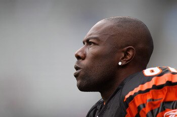 CHARLOTTE, NC - SEPTEMBER 26:  Terrell Owens #81 of the Cincinnati Bengals watches on before the start of their game against the Carolina Panthers at Bank of America Stadium on September 26, 2010 in Charlotte, North Carolina.  (Photo by Streeter Lecka/Get