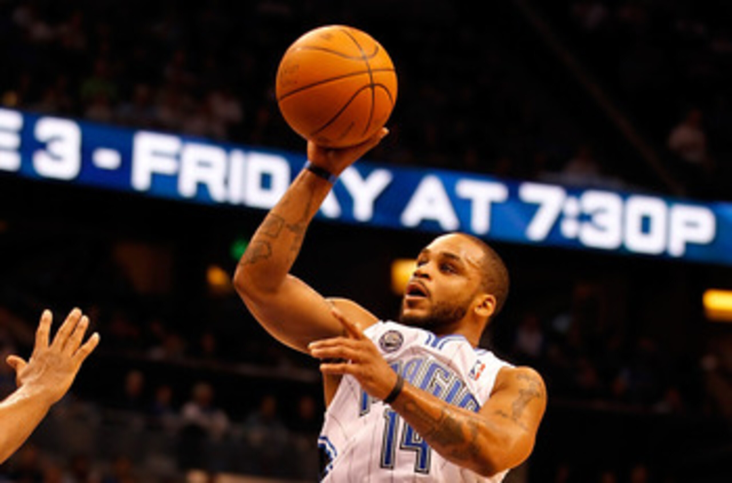 ORLANDO, FL - APRIL 19:  Jameer Nelson #14 of the Orlando Magic shoots against the Atlanta Hawks during Game Two of the Eastern Conference Quarterfinals of the 2011 NBA Playoffs on April 19, 2011 at the Amway Arena in Orlando, Florida.  NOTE TO USER: User