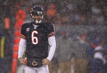 CHICAGO, IL - DECEMBER 12: Jay Cutler #6 of the Chicago Bears reacts after a player from the New England Patriots runs a fumbled ball into the end zone for a touchdown at Soldier Field on December 12, 2010 in Chicago, Illinois. The Patriots defeated the B