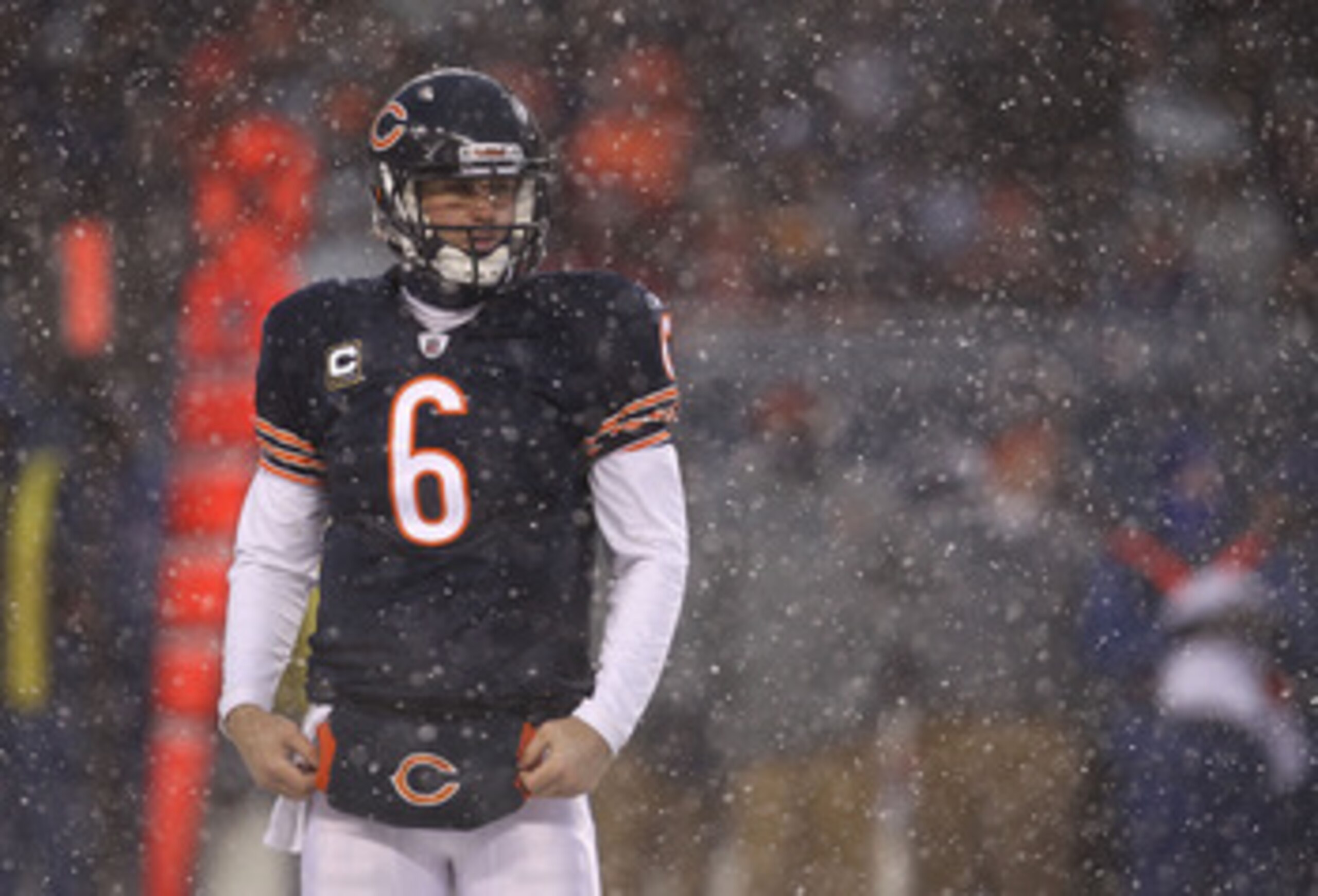 CHICAGO, IL - DECEMBER 12: Jay Cutler #6 of the Chicago Bears reacts after a player from the New England Patriots runs a fumbled ball into the end zone for a touchdown at Soldier Field on December 12, 2010 in Chicago, Illinois. The Patriots defeated the B