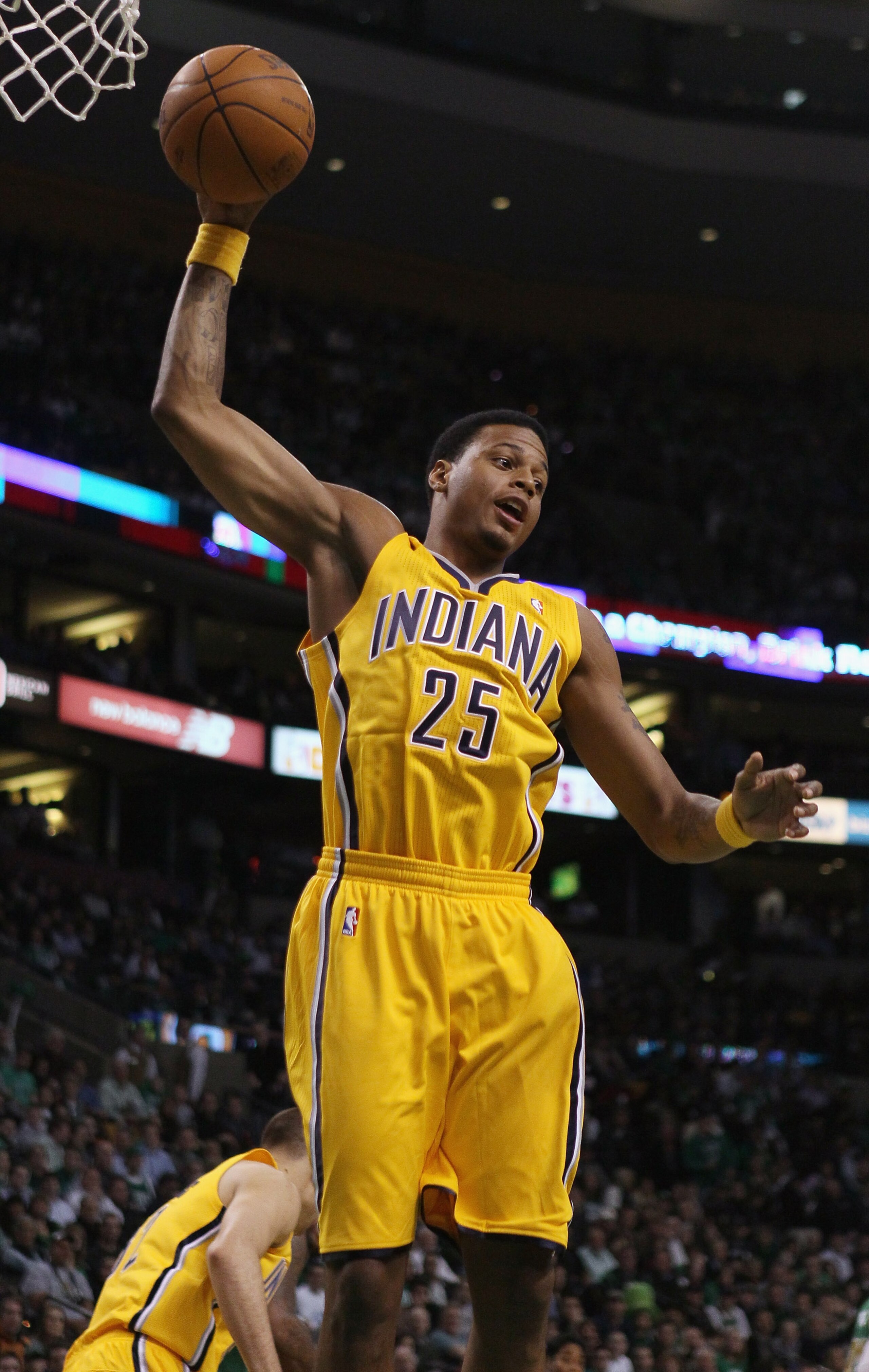 BOSTON, MA - MARCH 16:  Brandon Rush #25 of the Indiana Pacers grabs the rebound in the first half against the Boston Celtics on March 16, 2011 at the TD Garden in Boston, Massachusetts.  NOTE TO USER: User expressly acknowledges and agrees that, by downl