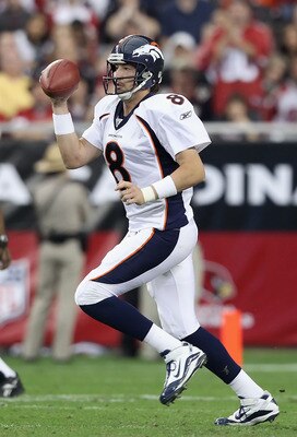 GLENDALE, AZ - DECEMBER 12: Quarterback Kyle Orton #8 of the Denver Broncos drops back to pass during the NFL game against the Arizona Cardinals at the University of Phoenix Stadium on December 12, 2010 in Glendale, Arizona. The Cardinals defeated the B GLENDALE, AZ - DECEMBER 12: Quarterback Kyle Orton #8 of the Denver Broncos drops back to pass during the NFL game against the Arizona Cardinals at the University of Phoenix Stadium on December 12, 2010 in Glendale, Arizona. The Cardinals defeated the B