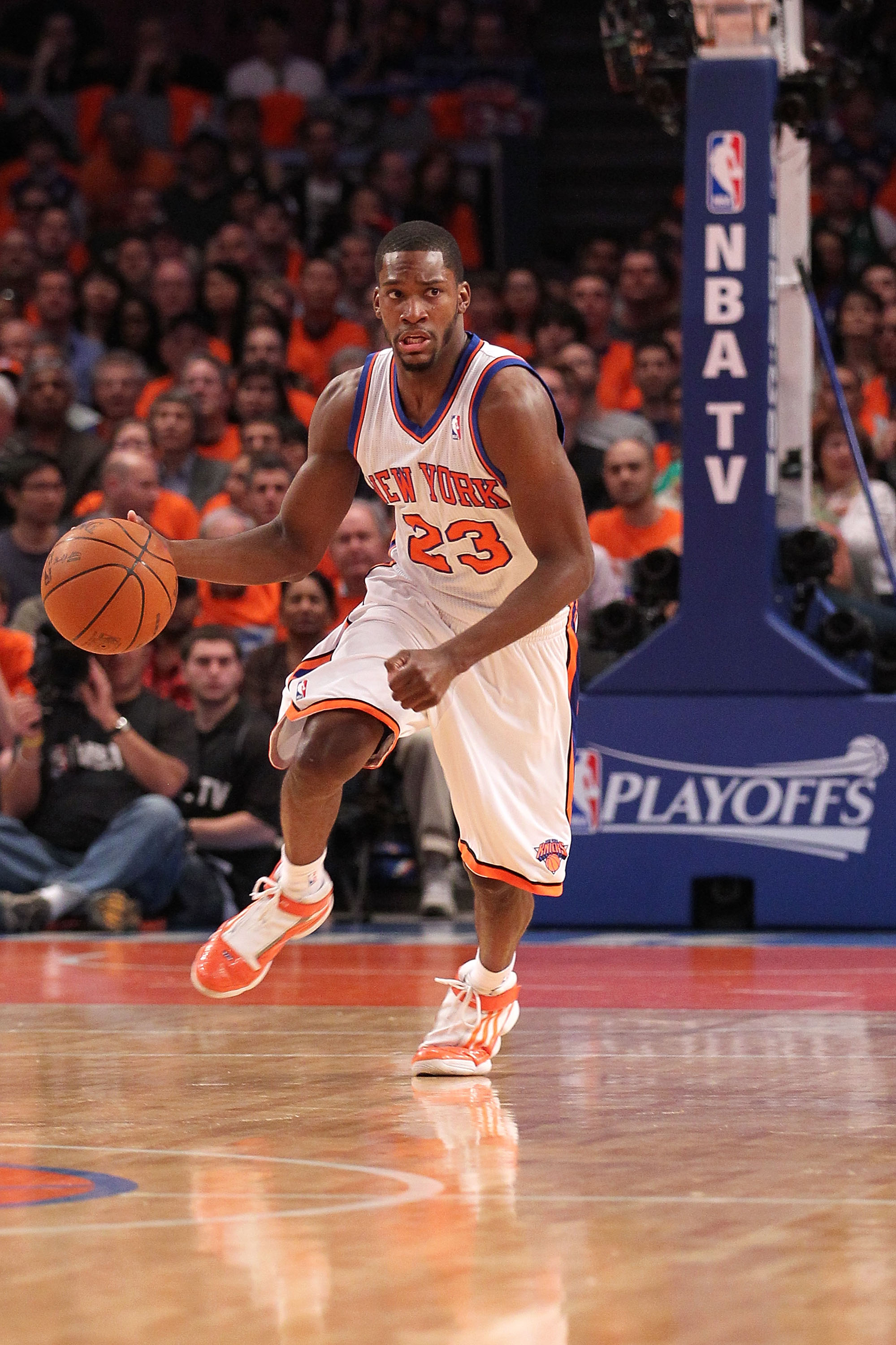 NEW YORK, NY - APRIL 24:  Toney Douglas #23 of the New York Knicks brings the ball up court against the Boston Celtics in Game Four of the Eastern Conference Quarterfinals during the 2011 NBA Playoffs on April 24, 2011 at Madison Square Garden in New York
