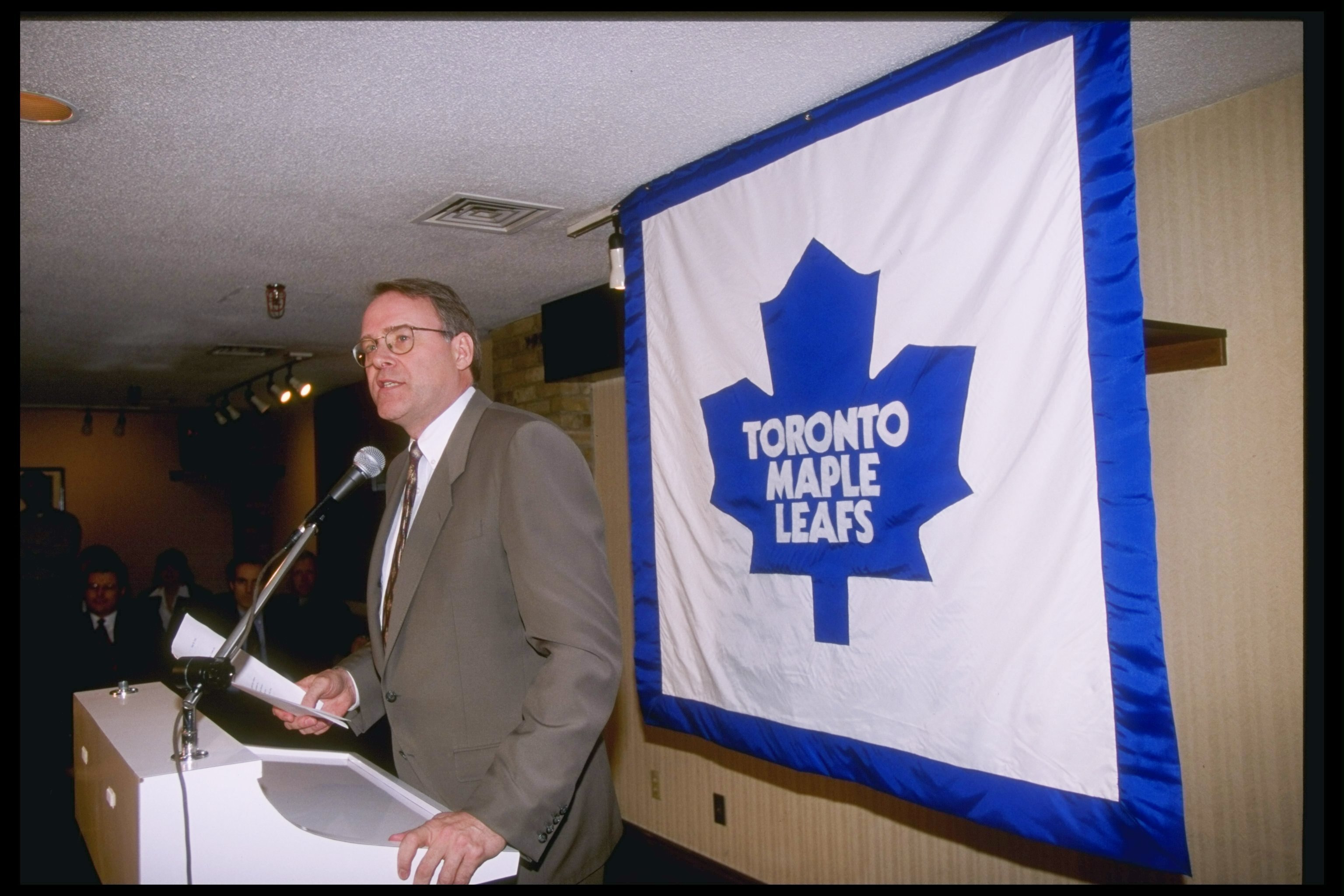 30 May 1997: General Manager Ken Dryden of the Toronto Maple Leafs speaks to reporters during a press conference at Maple Leaf Gardens in Toronto, Canada. Mandatory Credit: Harry How /Allsport 30 May 1997: General Manager Ken Dryden of the Toronto Maple Leafs speaks to reporters during a press conference at Maple Leaf Gardens in Toronto, Canada. Mandatory Credit: Harry How /Allsport