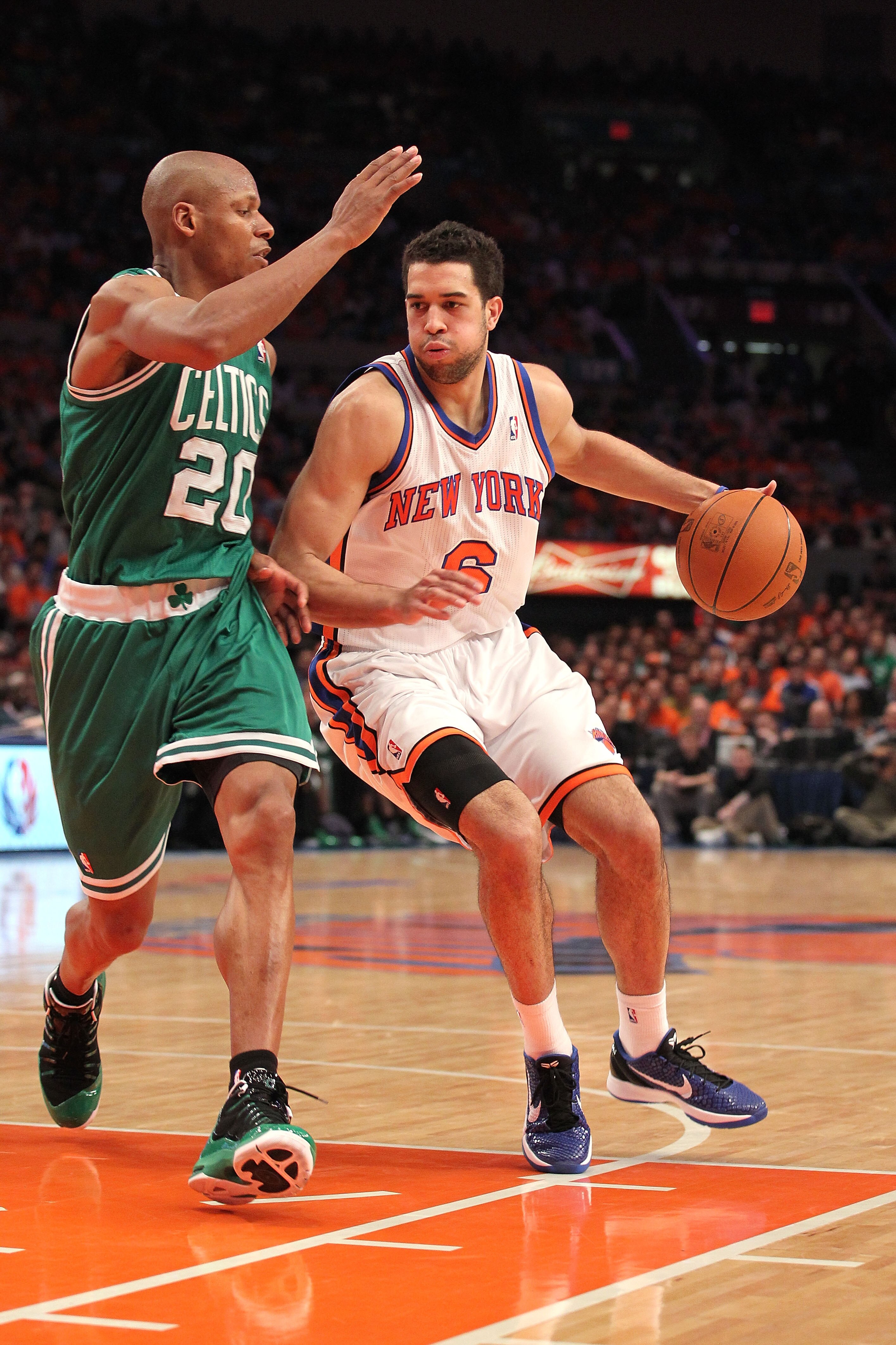NEW YORK, NY - APRIL 24:  Landry Fields #6 of the New York Knicks drives against Ray Allen #20 of the Boston Celtics in Game Four of the Eastern Conference Quarterfinals during the 2011 NBA Playoffs on April 24, 2011 at Madison Square Garden in New York C