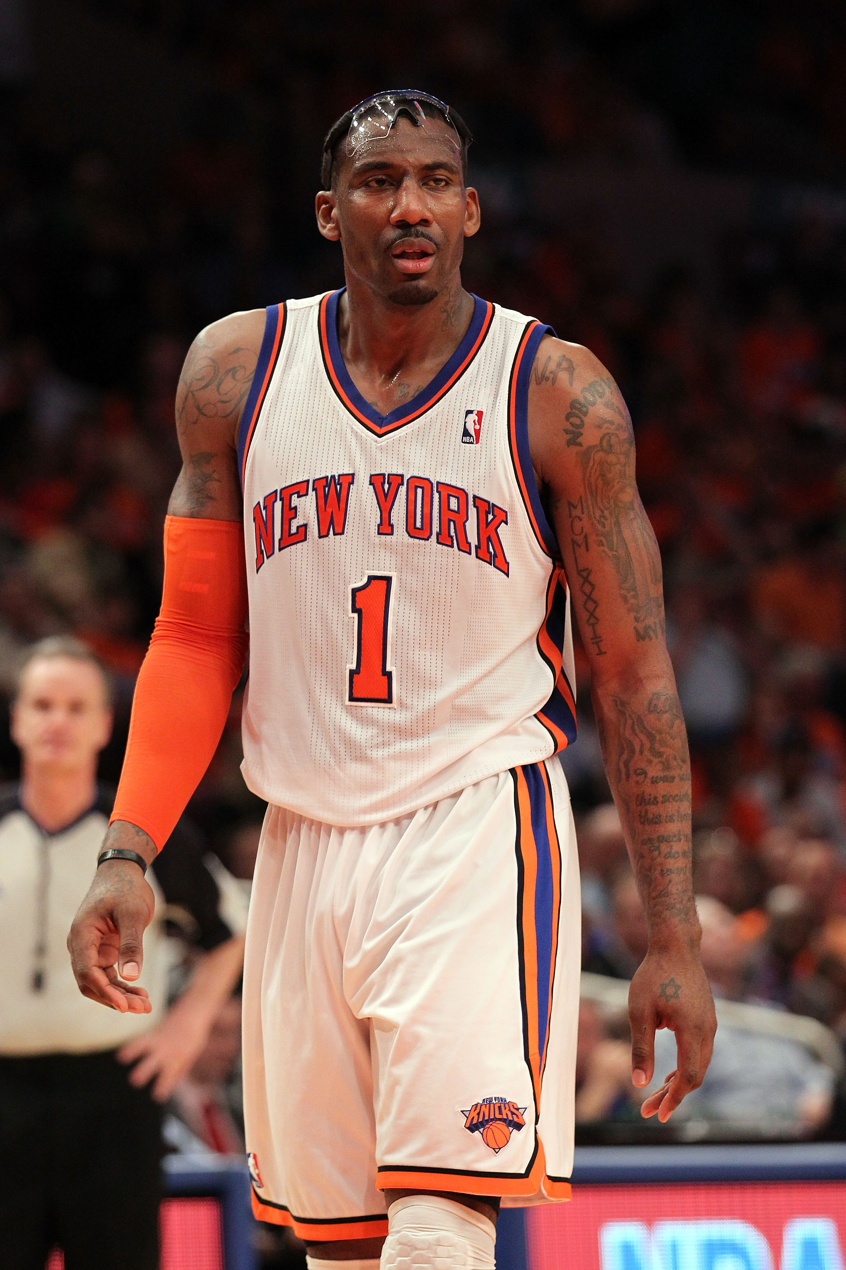 NEW YORK, NY - APRIL 24:  Amar'e Stoudemire #1 of the New York Knicks looks on against the Boston Celtics in Game Four of the Eastern Conference Quarterfinals during the 2011 NBA Playoffs on April 24, 2011 at Madison Square Garden in New York City. The Ce