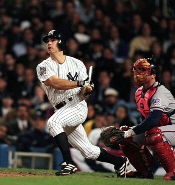 26 Oct 1999: Chad Curtis #28 of the New York Yankees hit the winning home run during the World Series Game three against the Atlanta Braves at Yankee Stadium in the Bronx, New York. The Yankees defeated the Braves 6-5.