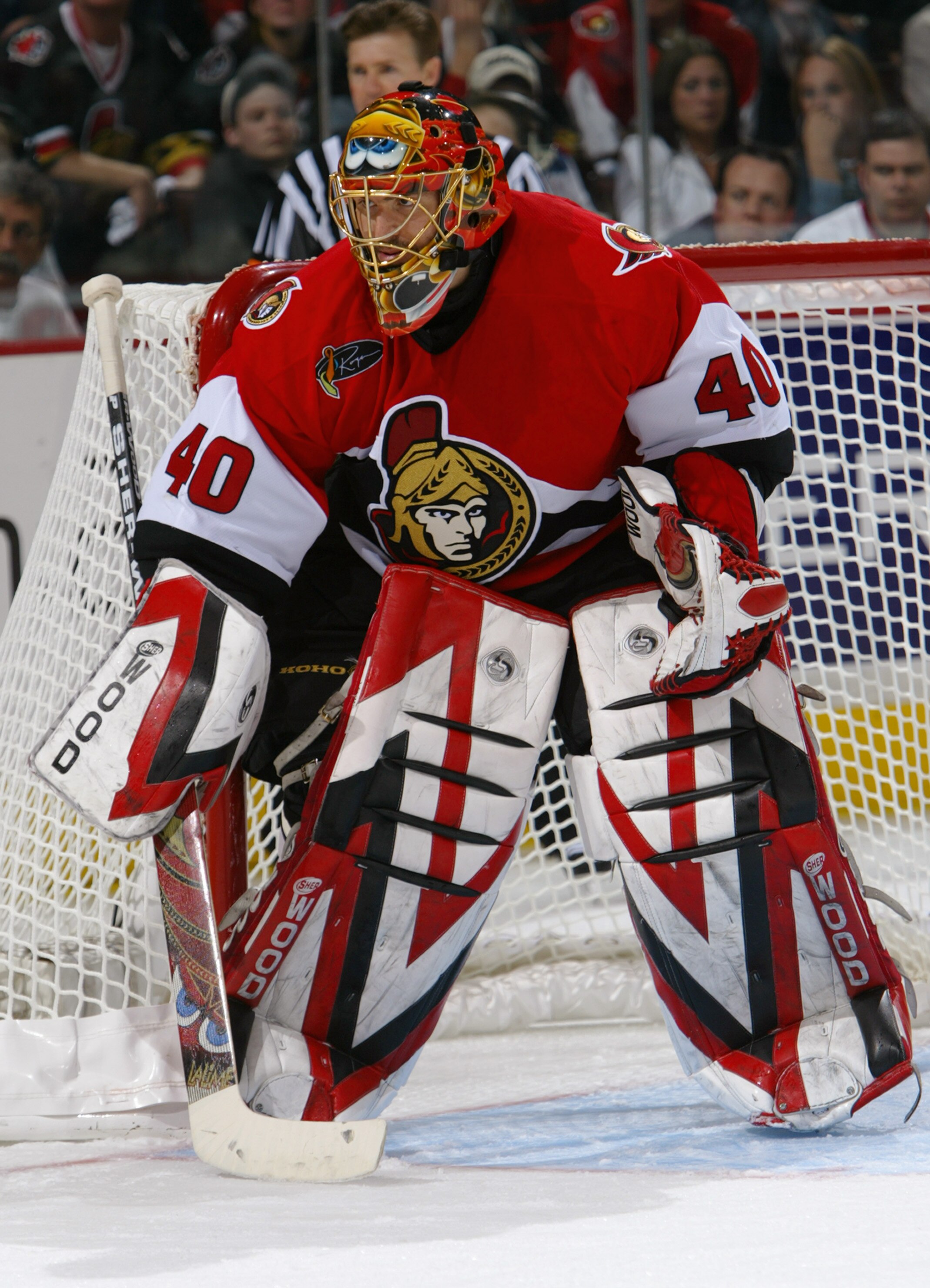 KANATA, ON - APRIL 18:  Goalie Patrick Lalime #40 of the Ottawa Senators protects the net during game six of the Eastern Conference quarterfinals against the Toronto Maple Leafs at the Corel Centre on April 18, 2004 in Kanata, Ontario. The Senators defeat