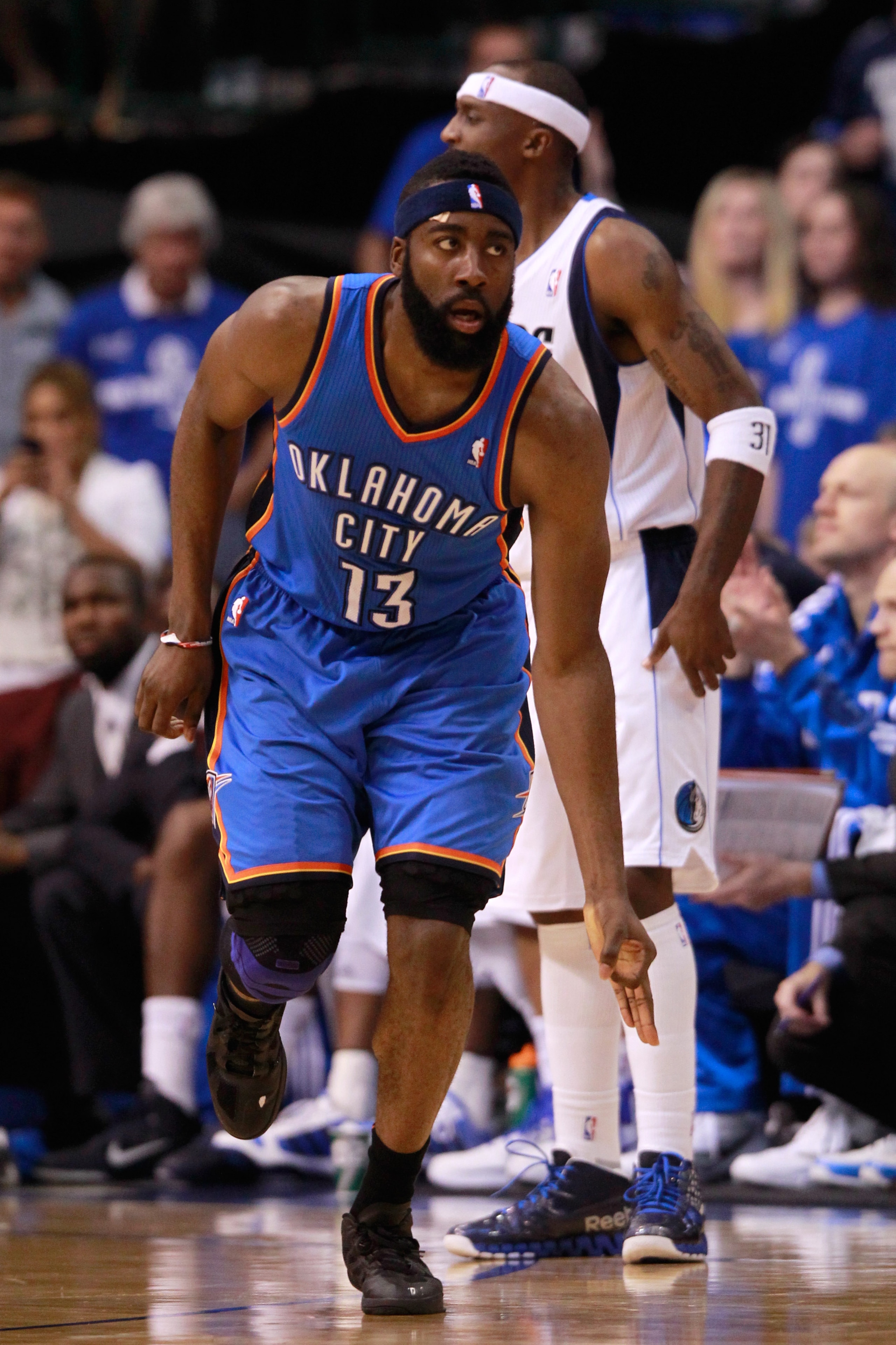 DALLAS, TX - MAY 19:  James Harden #13 of the Oklahoma City Thunder reacts after making a three-pointer in the second half while taking on the Dallas Mavericks in Game Two of the Western Conference Finals during the 2011 NBA Playoffs at American Airlines