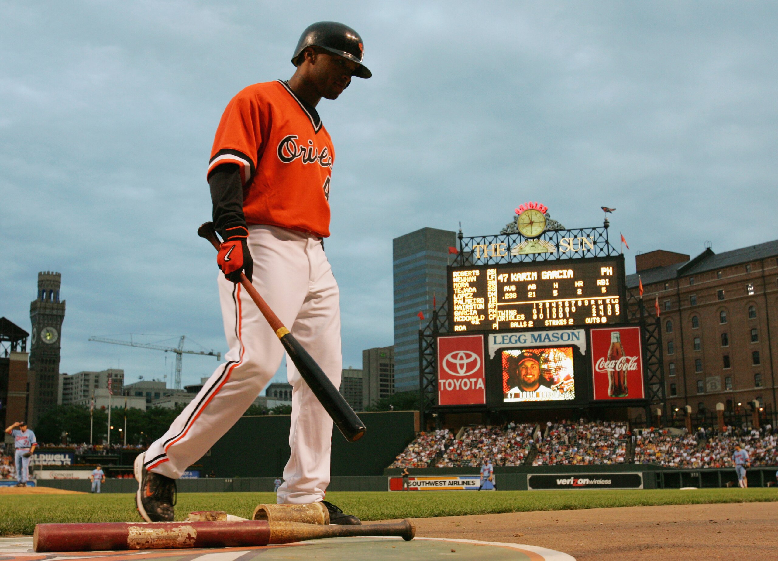 BALTIMORE - JULY 24: Darnell McDonald #41 of the Baltimore Orioles looks on at the on-deck circle during the game against the Minnesota Twins at Camden Yards on July 24, 2004 in Baltimore, Maryland. The Orioles won 4-2. (Photo by Jamie Squire/Getty Ima BALTIMORE - JULY 24: Darnell McDonald #41 of the Baltimore Orioles looks on at the on-deck circle during the game against the Minnesota Twins at Camden Yards on July 24, 2004 in Baltimore, Maryland. The Orioles won 4-2. (Photo by Jamie Squire/Getty Ima