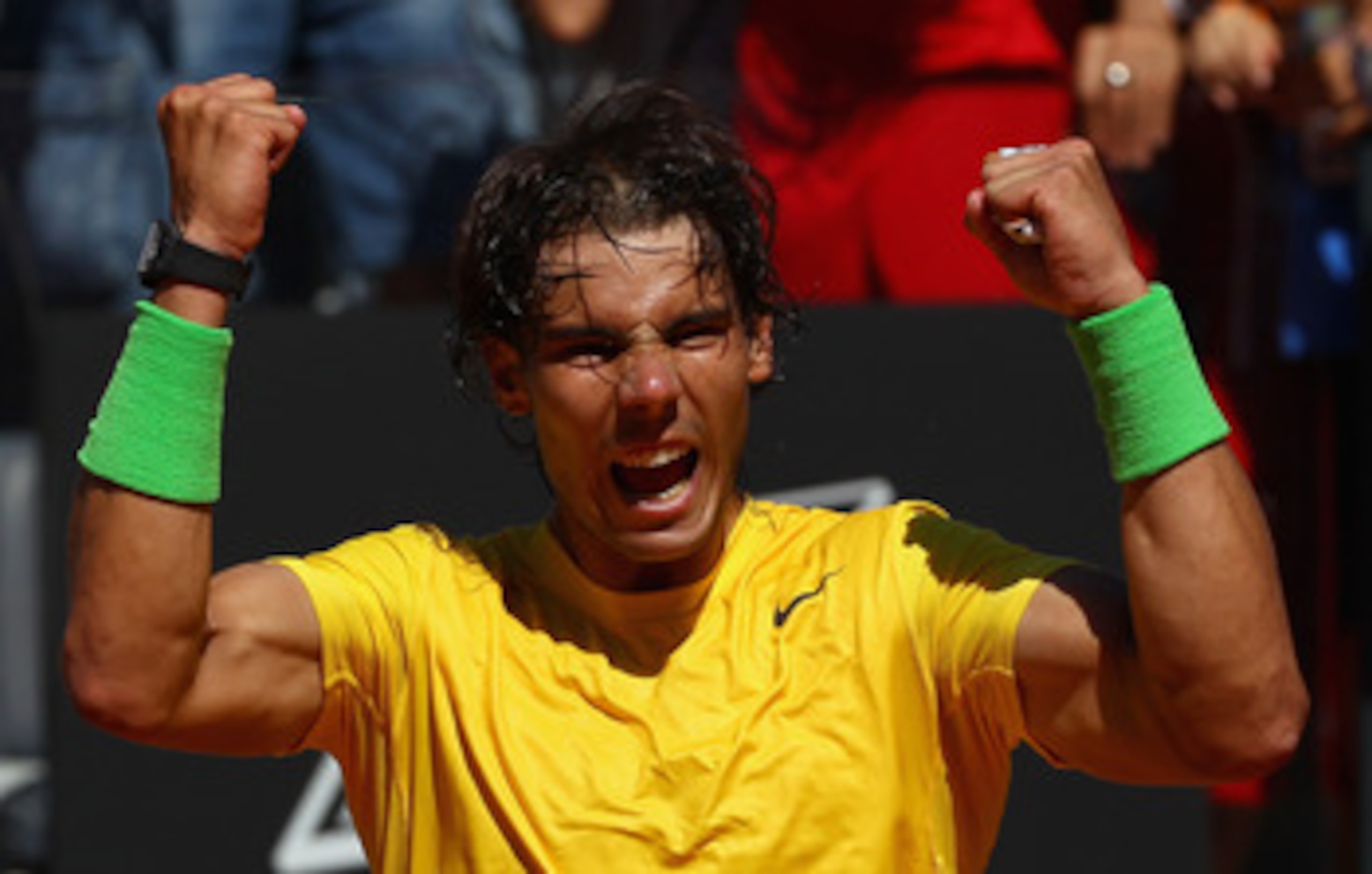 ROME, ITALY - MAY 14:  Rafael Nadal of Spain  celebrates victory after his semi final match against Richard Gasquet of France during day seven of the Internazoinali BNL D'Italia at the Foro Italico Tennis Centre  on May 14, 2011 in Rome, Italy.  (Photo by
